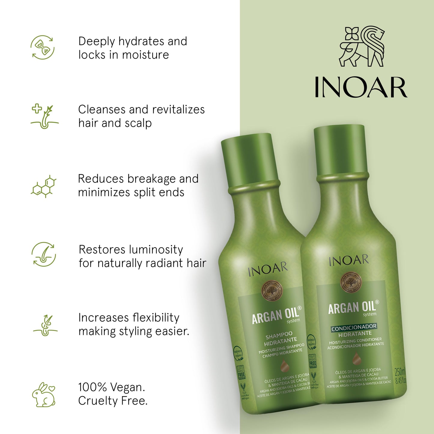 Inoar Argan Shampoo & Moisturizing Conditioner Haircare Set with Argan Oil & Cocoa Butter for Smoothing Repair, 2x250ml Beauty & Personal Care INOAR
