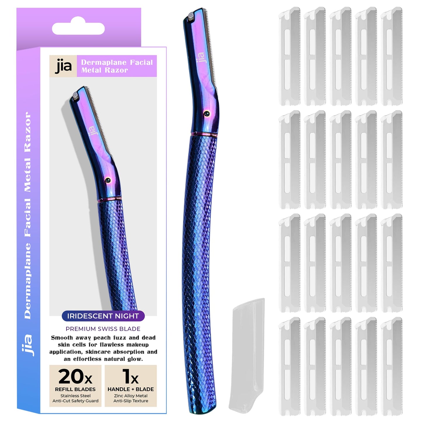 Jia Dermaplane Facial Metal Razor in Iridescent Night with 20 Swiss-Made Replacement Blades - Eyebrow Trimmer & Face Shaver for Women and Men, Peach Beauty and Personal Care jia Personal Care