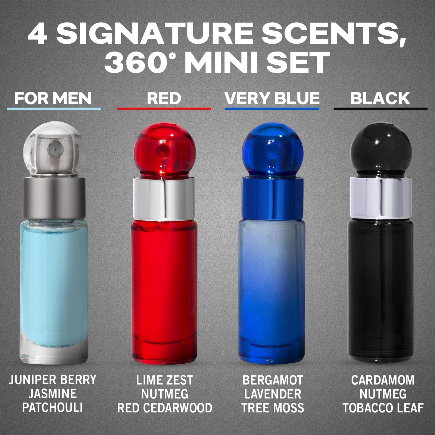 Perry Ellis 360° 4-Piece Mini Cologne Set for Men - Cologne Gift Sampler Set, Travel Size - 360° Men, Red, Very Blue, & Black - 0.25 fl oz (Pack of 4) Beauty & Personal Care Perry Ellis