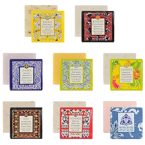 Destination Soap Sampler- Set of 8 Exfoliating Spa Soap Bars- Enriched with Shea Butter and Essential Oils- Sicily, Kyoto, London, Paris, Morocco Beauty & Personal Care Greenwich Bay
