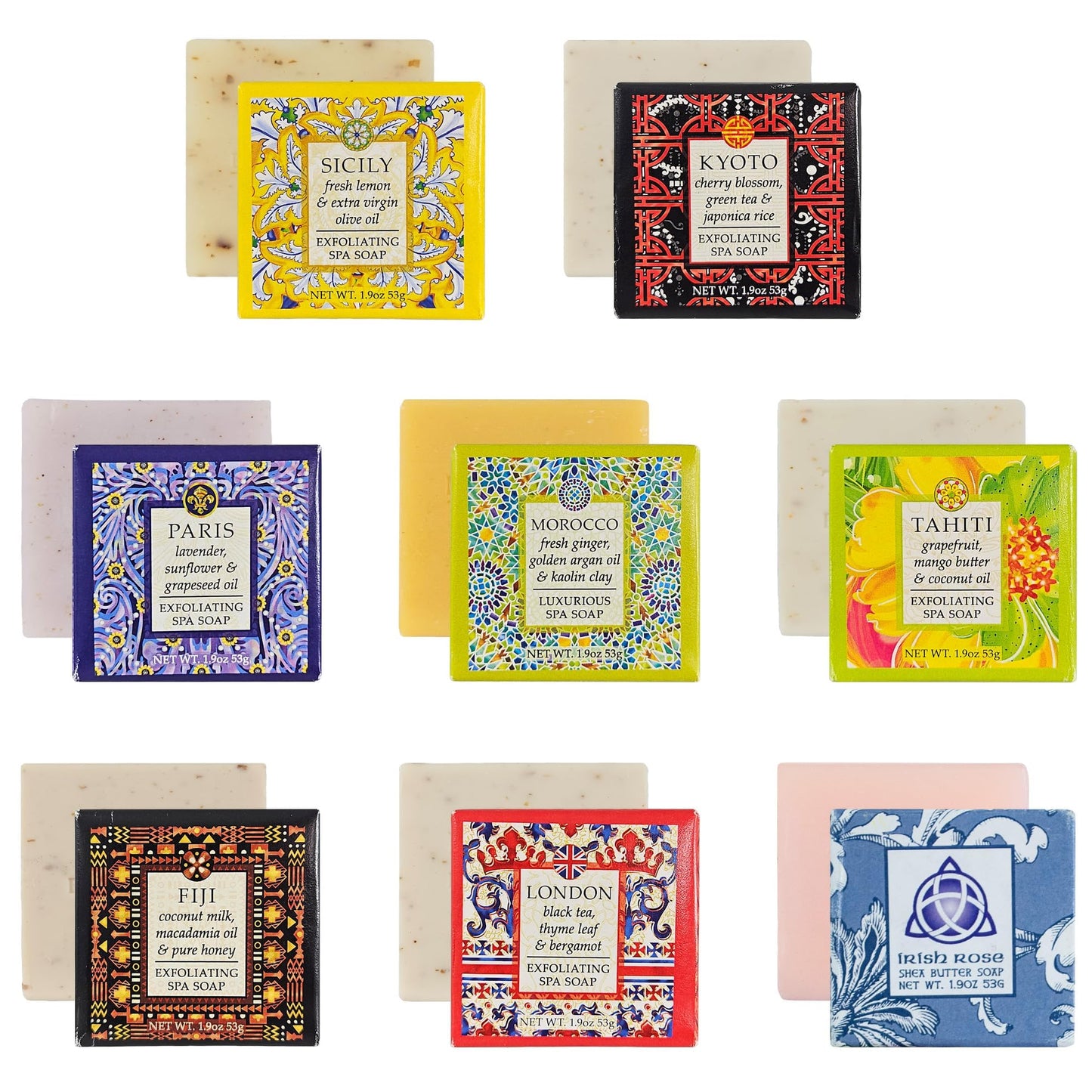 Destination Soap Sampler- Set of 8 Exfoliating Spa Soap Bars- Enriched with Shea Butter and Essential Oils- Sicily, Kyoto, London, Paris, Morocco Beauty & Personal Care Greenwich Bay