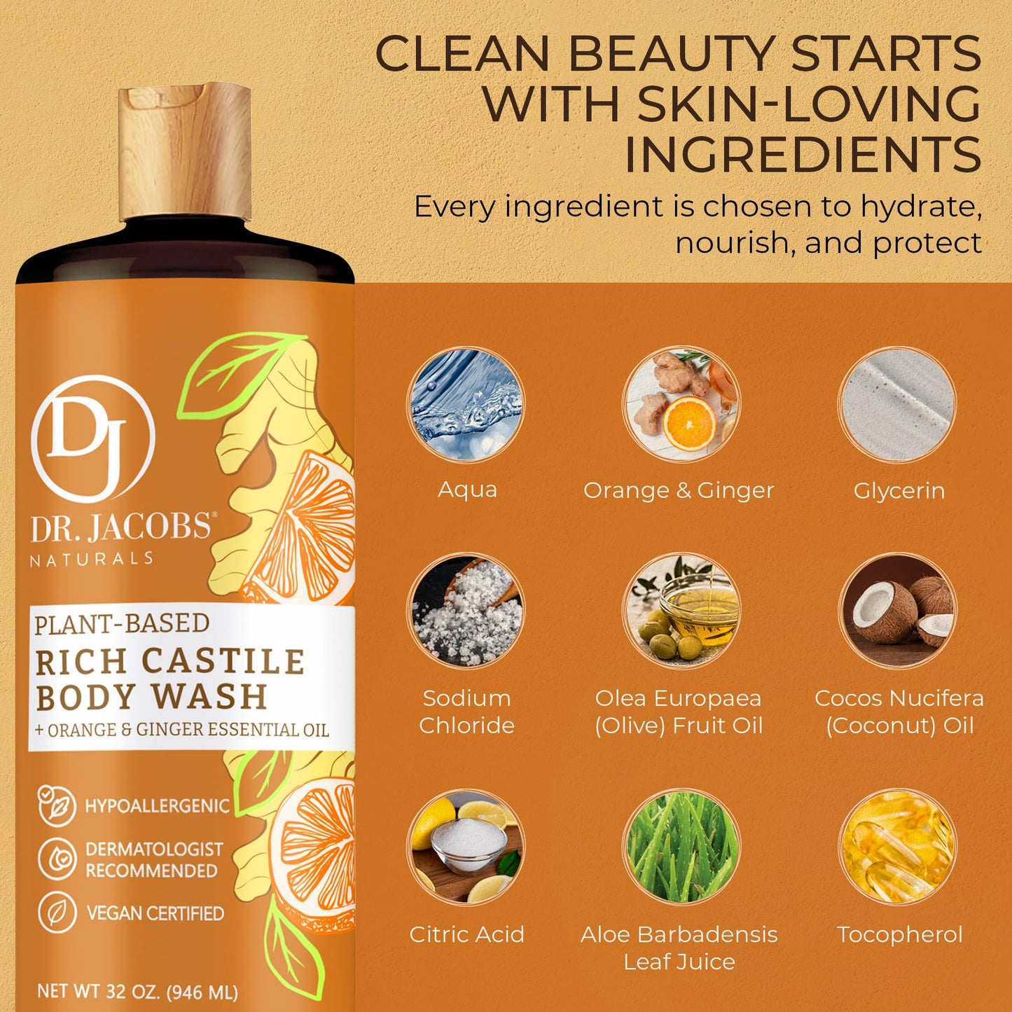 Dr. Jacobs Naturals Castile Orange and Ginger All-Natural Body Wash for Moisturizing Dry Skin with Plant-Based Ingredients with Pump - 32 Ounce Beauty & Personal Care DR.JACOBS NATURALS