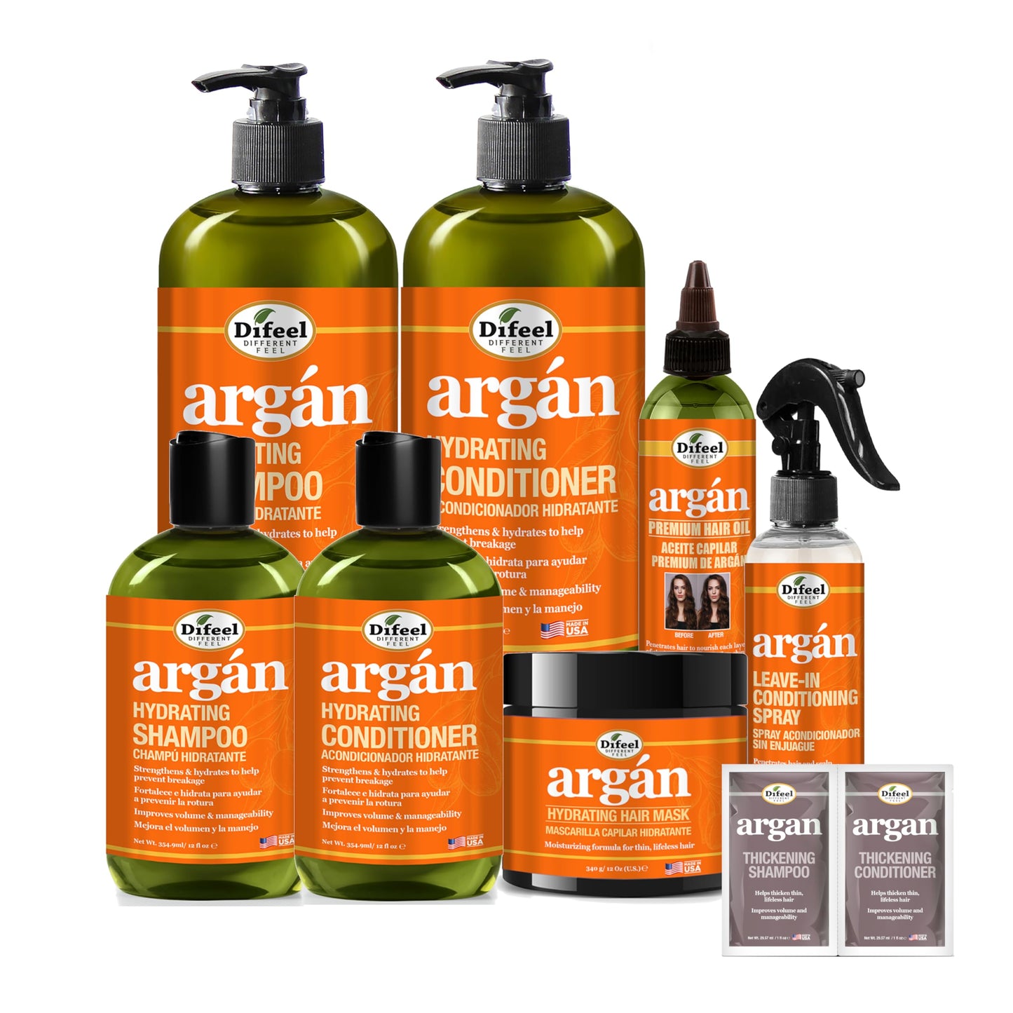 Difeel Argan Hydrating Shampoo & Conditioner Collection - 8 Piece Set, Includes Hair Oil, Mask, Leave in Spray, Travel Size - Sulfate Free, Paraben Beauty & Personal Care Difeel