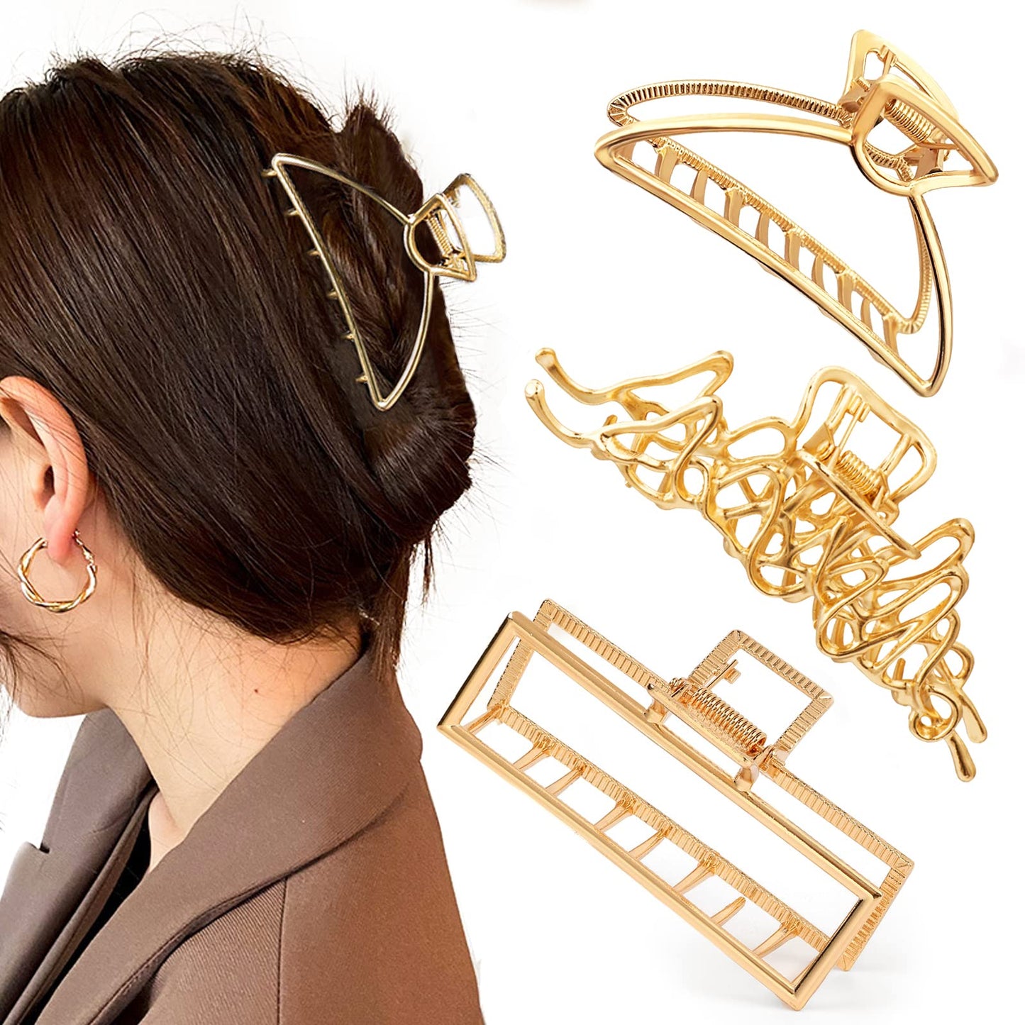 Mehayi 3 PCS Large Gold Metal Hair Claw Clips for Women Girls, Cute Alloy Big Hair Clamps Strong Hold for Thick Thin Hair, Fashion Hair Accessories Beauty & Personal Care Mehayi