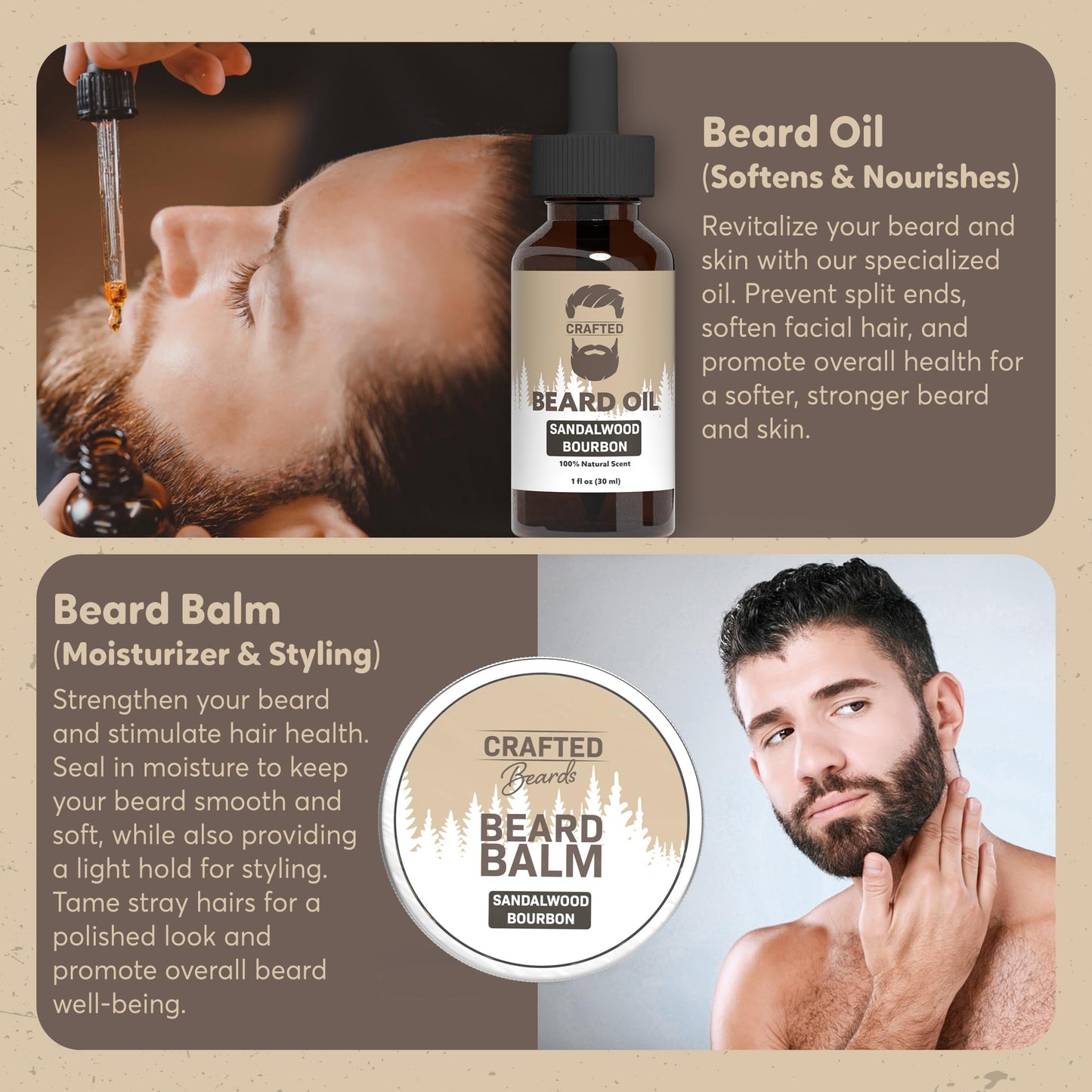 Beard Care Kit - Softer, Smoother, Moisturized Beard - Beard Oil and Balm - Gift Set (Sandalwood Bourbon) Beauty and Personal Care Crafted Beards