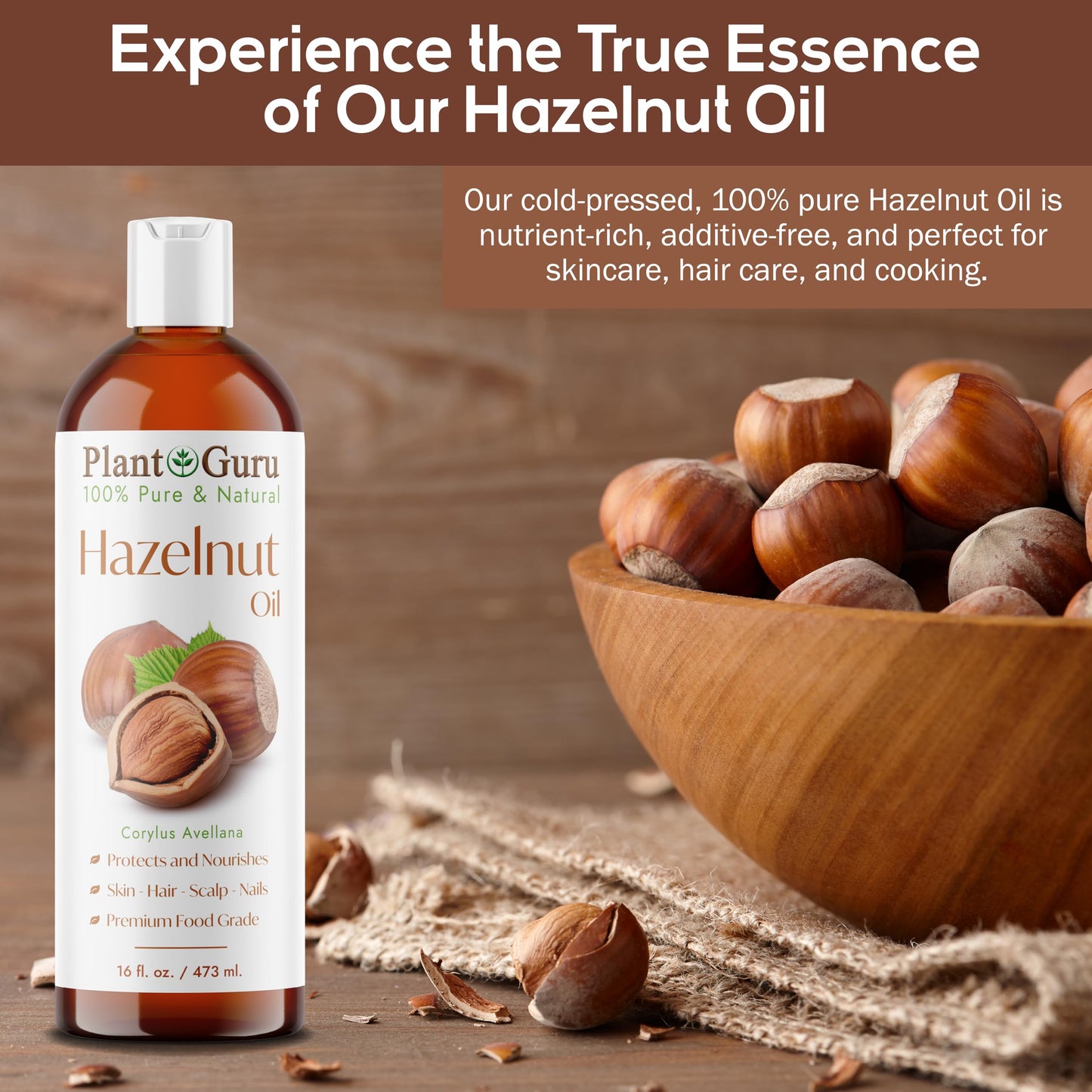 Plant Guru Hazelnut Oil 16 fl. oz. Cold Pressed 100% Pure Natural Carrier - Skin, Face, Body And Hair Growth Moisturizer. Great For DYI Cream, Lotions Beauty & Personal Care Plant Guru