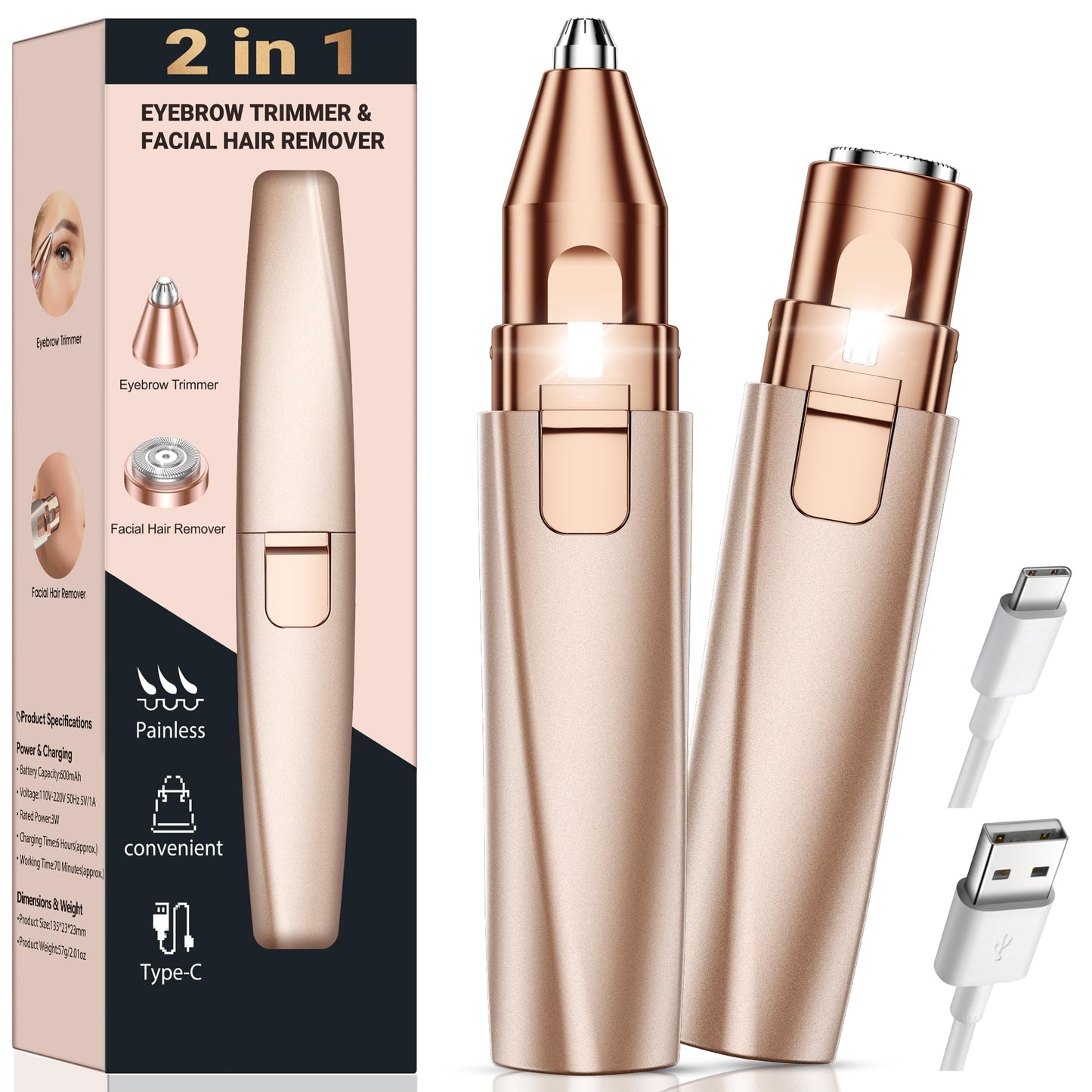 Eyebrow Trimmer Facial Hair Removal for Women: 2 in 1 Rechargeable Face Shaver and Eyebrow Razor - Painless Electric Hair Remover Device for Peach Beauty and Personal Care bissuuy