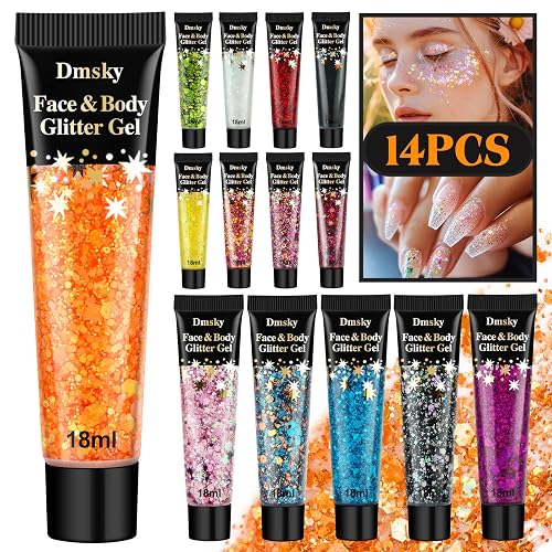 14 Colors Body Glitter,Face Glitter Makeup for Kids Women,Sparkly Chunky Hair Glitter for Eye Lip Nails,Mardi Gras Glitter Makeup Face Paint,Singer Beauty & Personal Care Dmsky