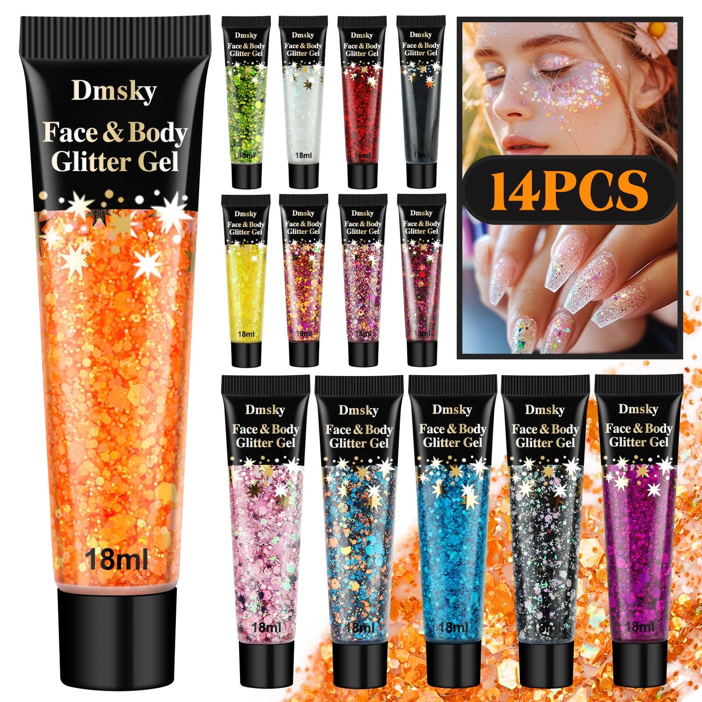 14 Colors Body Glitter,Face Glitter Makeup for Kids Women,Sparkly Chunky Hair Glitter for Eye Lip Nails,Mardi Gras Glitter Makeup Face Paint,Singer Beauty & Personal Care Dmsky