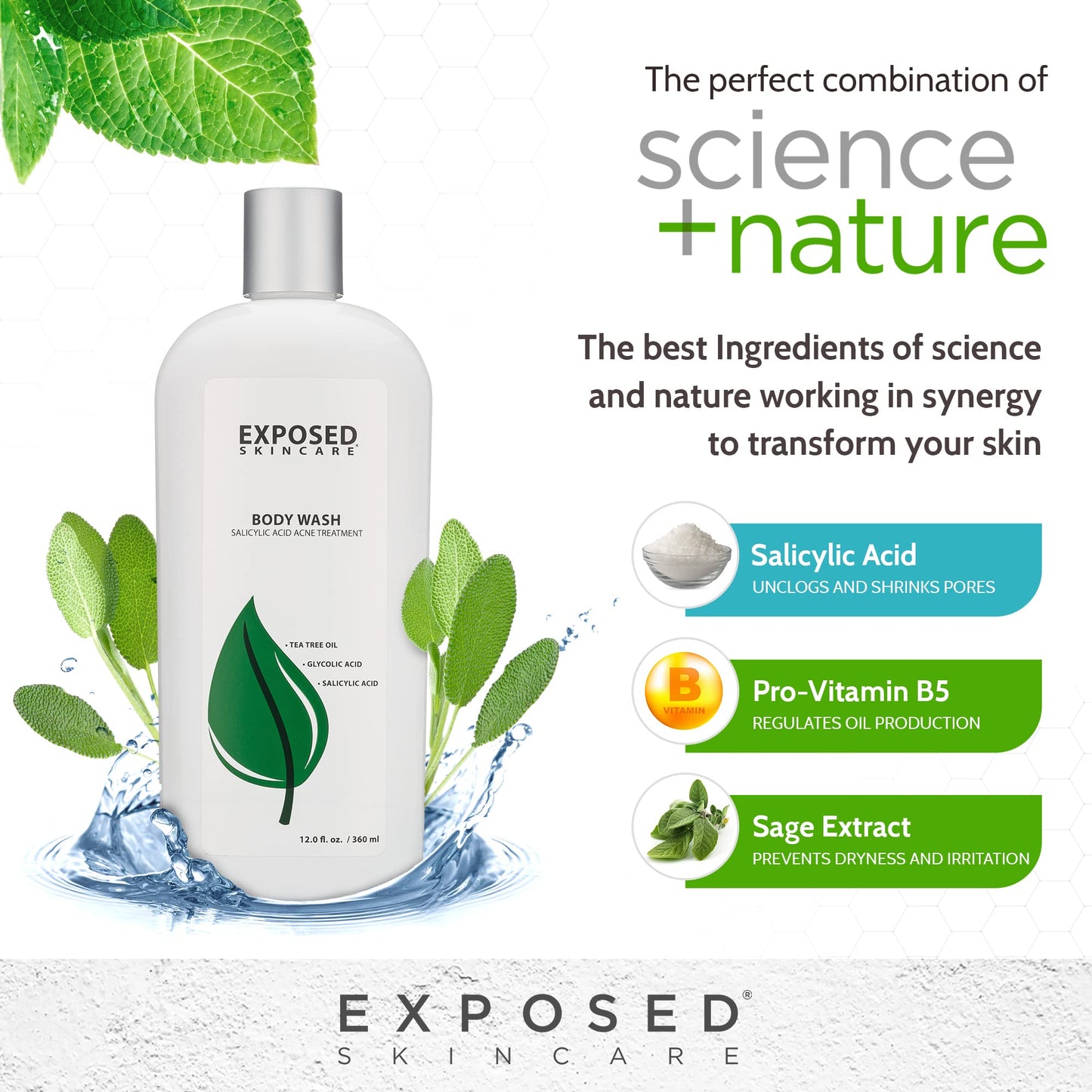 Exposed Skin Care, Body Acne Wash with Salicylic Acid, Glycolic Acid and Tea Tree Oil - Tri-Powered Gentle Exfoliating Cleanser for Back, Chest Beauty & Personal Care Exposed Skin Care