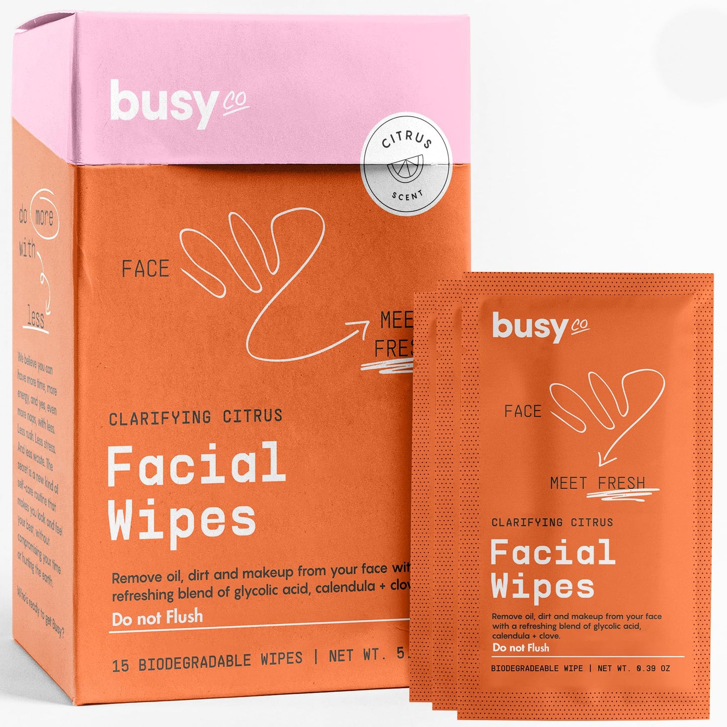Refresh Face Wipes - Individual Cleaning Facial Wipe Singles- Moist Towelettes Individually Wrapped - After Workout & Travel - Fresh Citrus - AHA/BHA Beauty & Personal Care BUSYCO