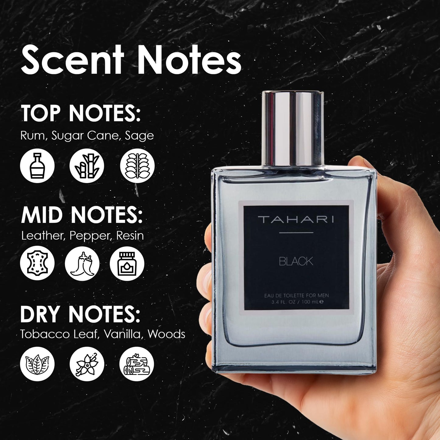TAHARI Black Eau de Toilette for Men - Long-Lasting Luxury Cologne with Rum, Leather & Tobacco Scent - Bold, Rich Unforgettable Men’s Fragrance Spray Beauty & Personal Care TAHARI