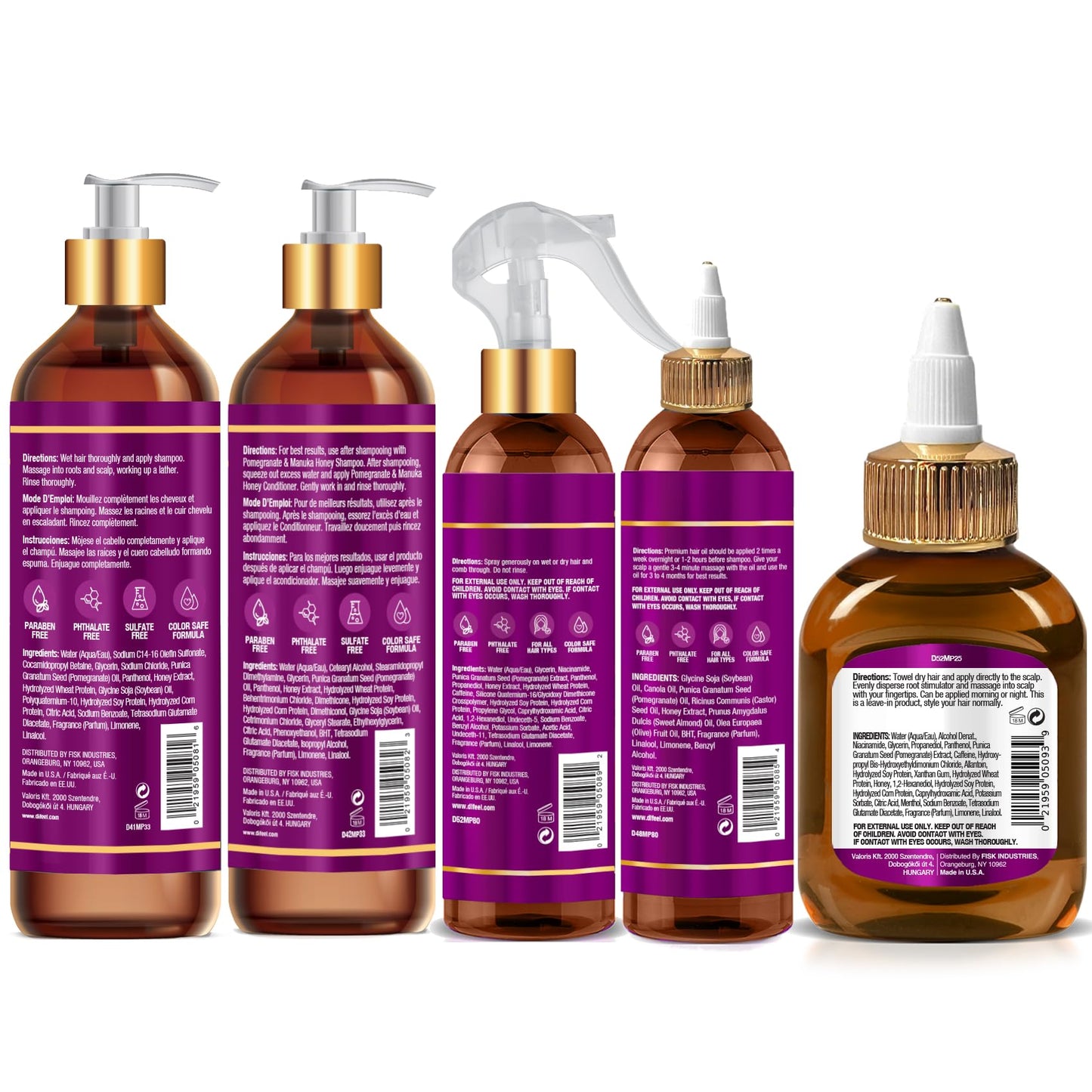 Difeel Pomegranate & Manuka Honey Shampoo & Conditioner 5-PC Set - Includes 33.8oz Shampoo, 33.8oz Conditioner, 8oz Leave in Spray, 8oz Hair Oil Beauty & Personal Care Difeel