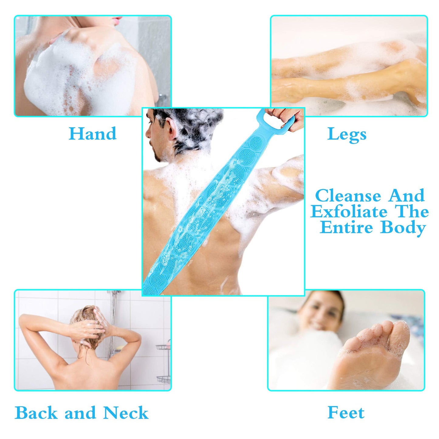 Silicone Back Scrubber Belt (28 inch) Blue - Extra Long-Double-Sided Bath Scrub Strap Gently Massages and Exfoliates Skin - Shower Back Scrubber Beauty and Personal Care Tendu