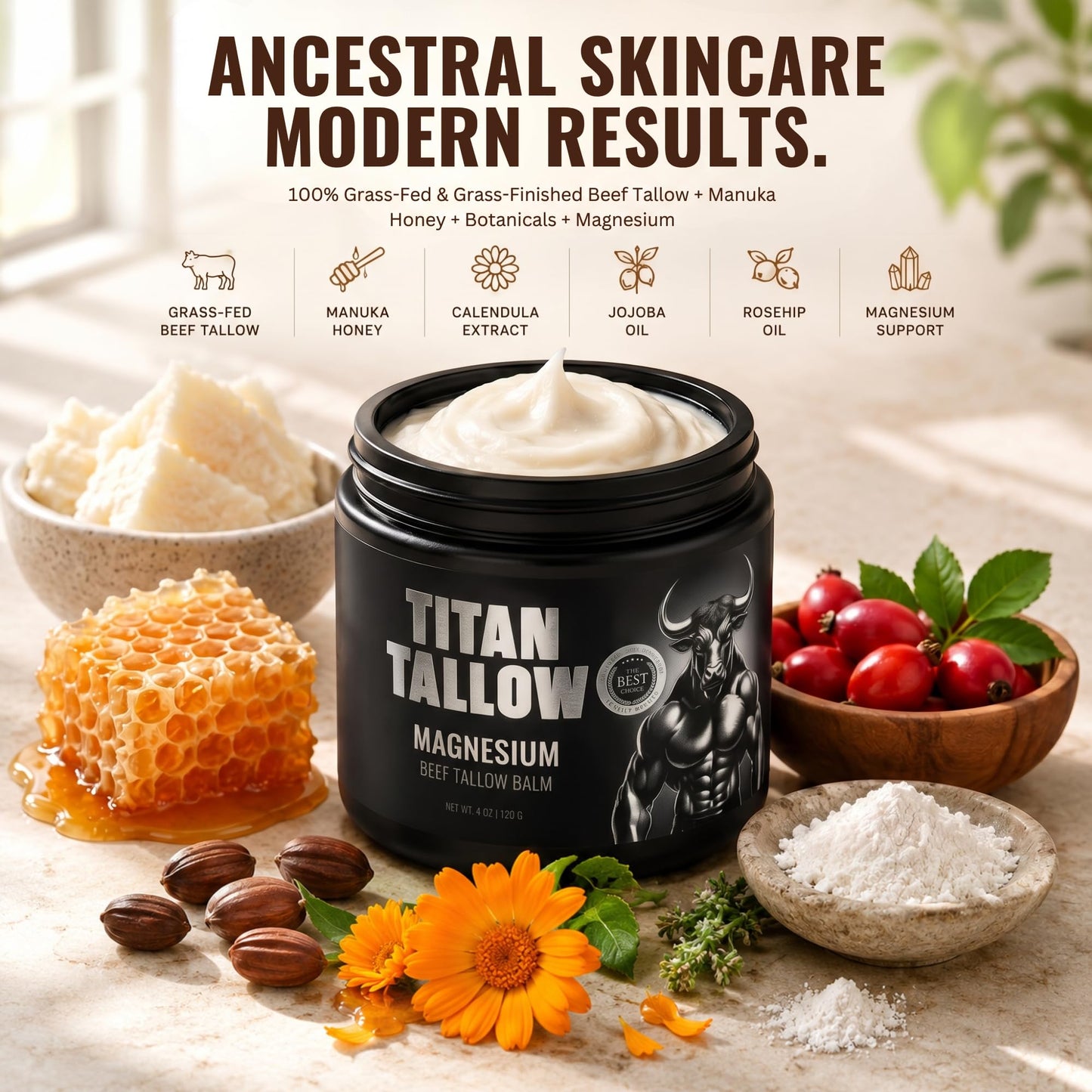 Titan Tallow Balm for Face and Body with Magnesium - Grass-Fed, Grass-Finished Beef Tallow Moisturizer with Manuka Honey, Jojoba Oil, Rosehip Oil Beauty & Personal Care Titan Tallow
