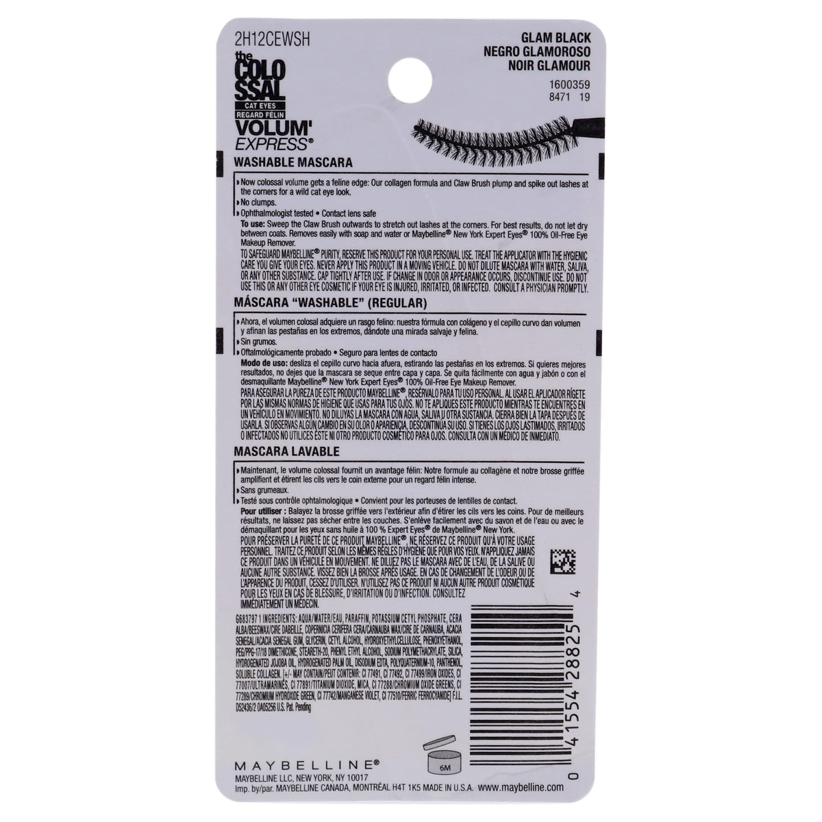 Maybelline New York Volume Express Colossal Cat Eyes Washable Mascara, Glam Black, 0.31 Fl Oz Beauty & Personal Care MAYBELLINE