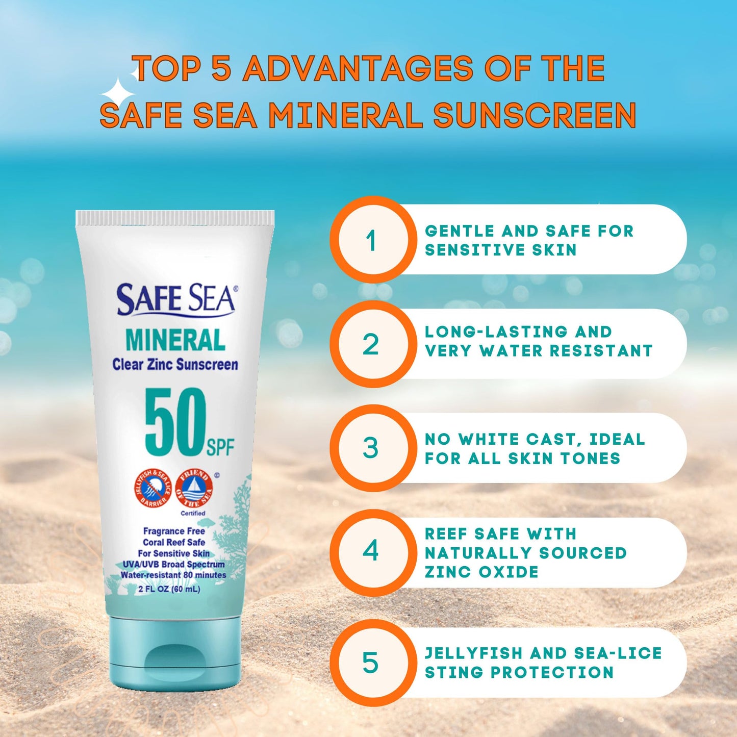 Safe Sea Zinc Oxide Sunscreen SPF50 | Clear Mineral Face Sunscreen | Anti-Jellyfish Sting Protective Lotion | Coral Reef Safe | Travel Size - 2Oz Beauty & Personal Care SAFE SEA