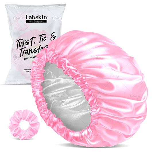 FABSKIN Luxury Satin Silk Hair Bonnet Cap for Sleeping with Satin Scrunchie - For Women & Girls - For Curly & All Hair Types (PINK) Beauty and Personal Care FABSKIN