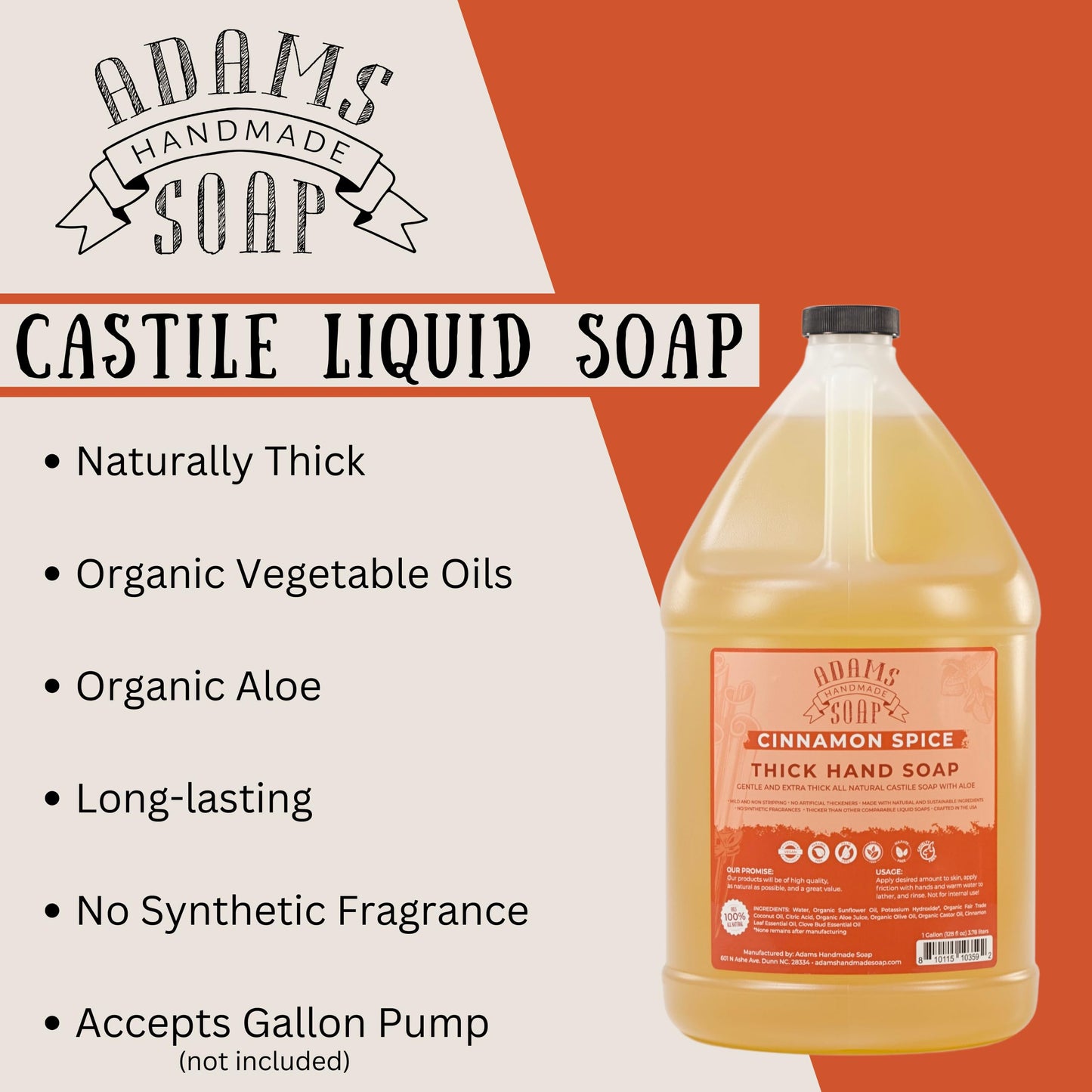 Adams Handmade Soap Thick Organic Castile Liquid Hand Soap 1 Gallon Refill - Cinnamon Spice Beauty & Personal Care Adams Handmade Soap