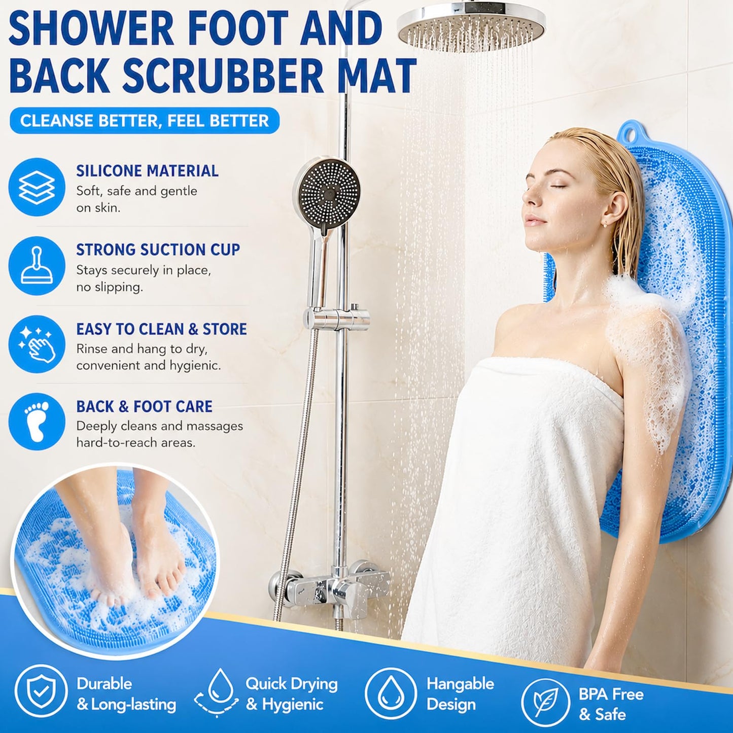 21.3" Silicone Foot & Back Scrubber Mat, Non-Slip Suction Cups Blue Beauty and Personal Care BARRYSAIL