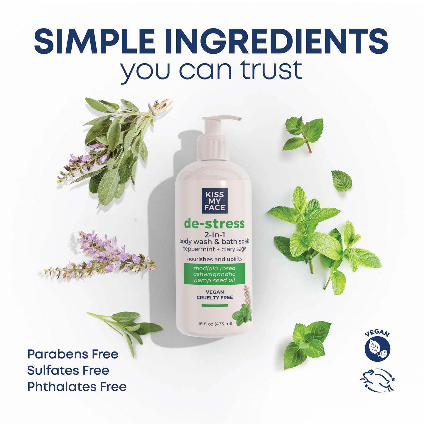 Kiss My Face De-Stress 2-in-1 Body Wash & Bath Soak - Peppermint + Clary Sage - Botanical Blend - Vegan and Cruelty Free - With added Rhodiola Rosea Beauty & Personal Care Kiss My Face