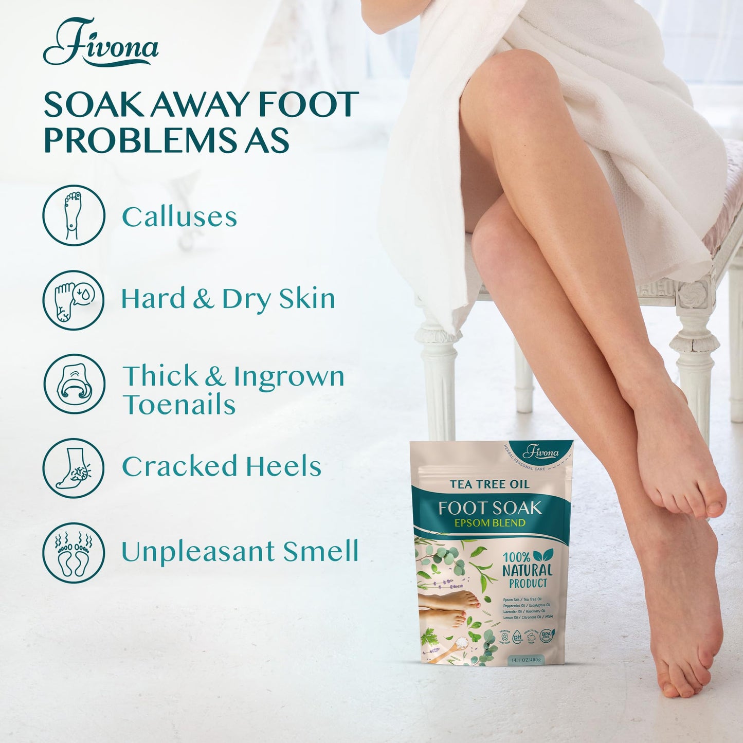 Fivona Tea Tree Foot Soak Blend 14.1 oz - Epsom Salt with Essential Oils for Healthy Toenails, Soothing Relief, Callus Softening - Pedicure Therapy Beauty and Personal Care FIVONA