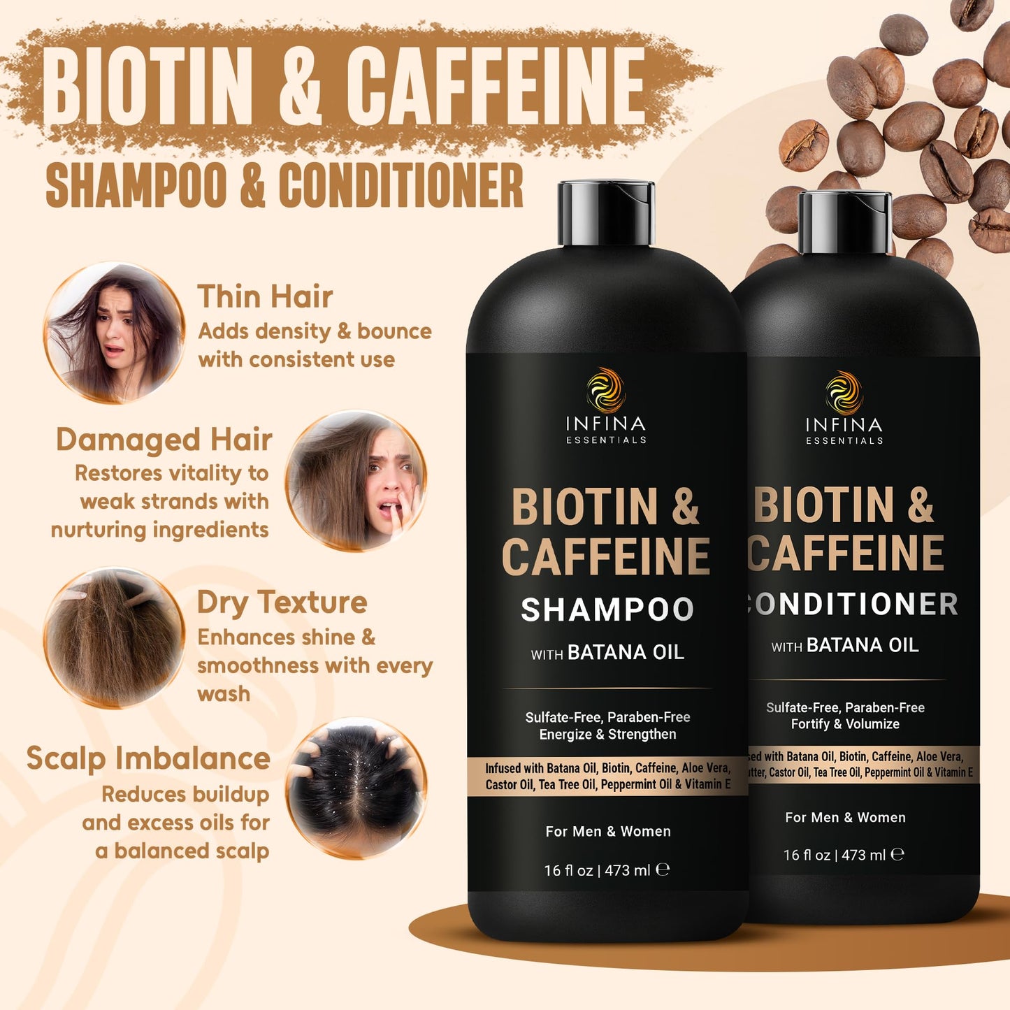 INFINA ESSENTIALS Caffeine Biotin Shampoo and Conditioner Set | Hair Thickening & Strengthening | 16 fl oz Each | with Batana Oil & Castor Oil | Beauty & Personal Care INFINA ESSENTIALS