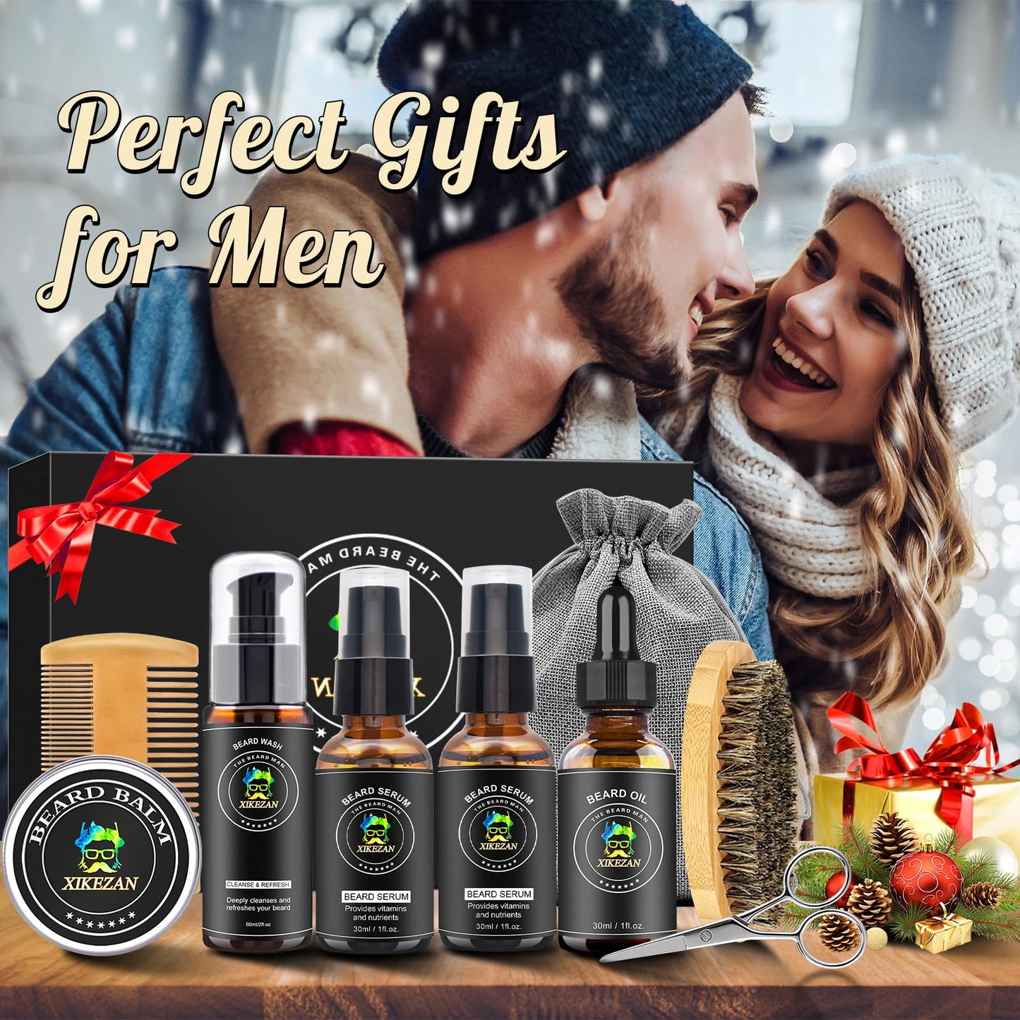 XIKEZAN Beard Kit for Men Grooming & Care Set w/2 Pack Beard Serum, Wash, Oil, Balm, Comb, Brush, Scissor, Bag, EBook, Unique Birthday Gifts for Men Beauty and Personal Care XIKEZAN