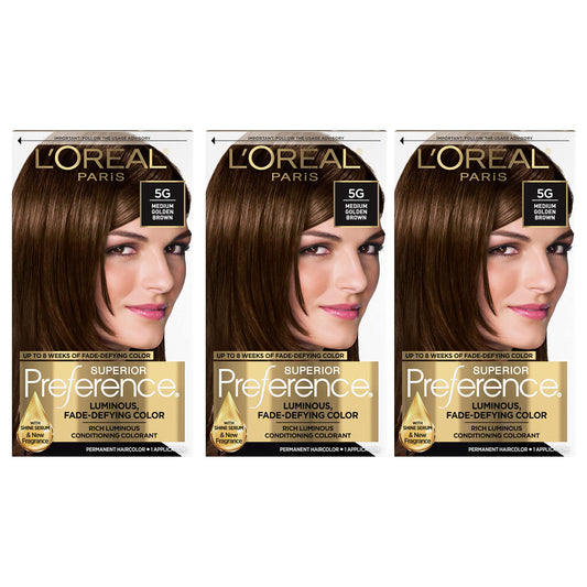 L'Oreal Paris Superior Preference Luminous Fade-Defying Permanent Hair Color, Hair Dye For Up to 9 Weeks of Radiance, Medium Golden Brown 5G, 1 Hair