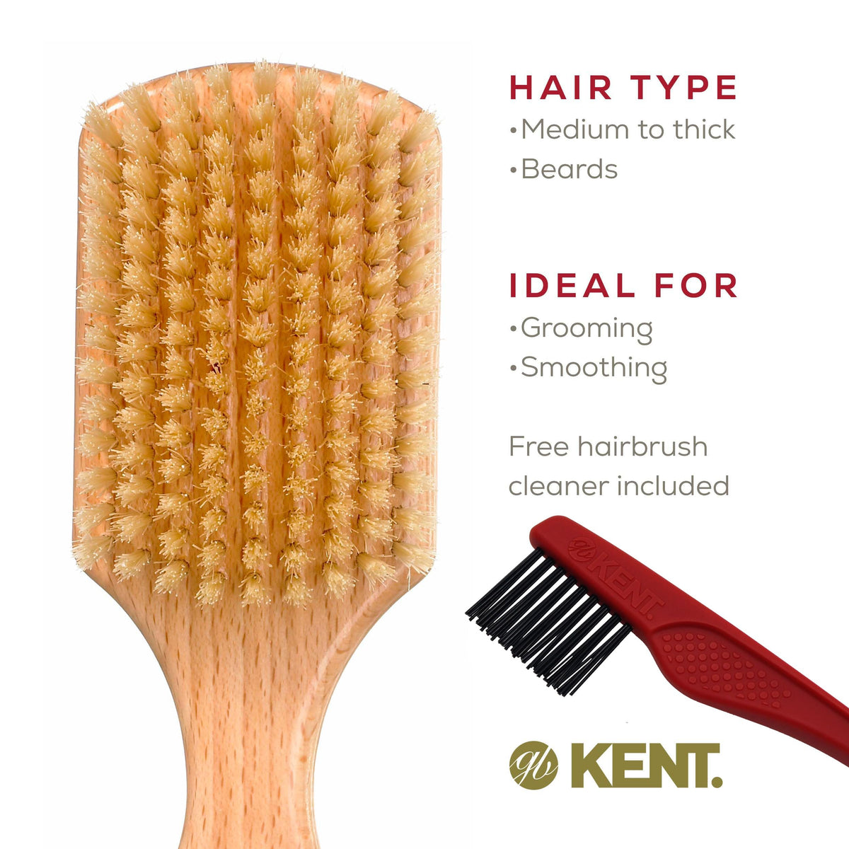 Kent OG4 Rectangular Beachwood Gentlemen's Hair Brush and Facial Brush for Beard Care - Exfoliating Natural Boar Bristle Brush for Mens Grooming, Hair