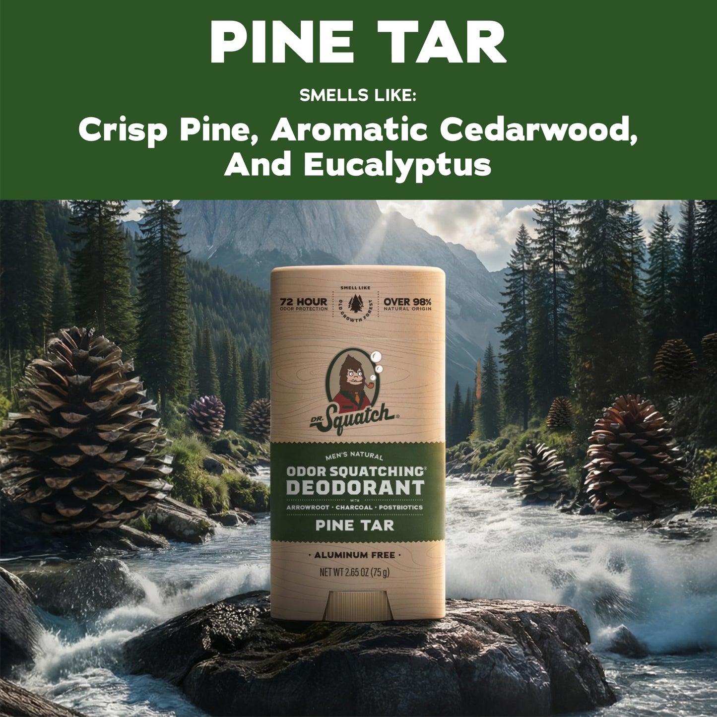 Dr. Squatch Natural Men’s Deodorant - Aluminum Free Natural Deodorant Men with Charcoal & Postbiotics for 72-Hour Odor Protection - Pine Tar, 2.65oz Beauty and Personal Care Dr. Squatch