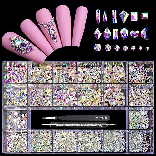 Yzzseven 12 Types of 600 Crystal AB Diamonds + 2500 Flat Rhinestones Mix 20 Styles Flatback DIY Crafts Rhinestone Crystals 3D Ornaments Flat Back Beauty & Personal Care Yzzseven