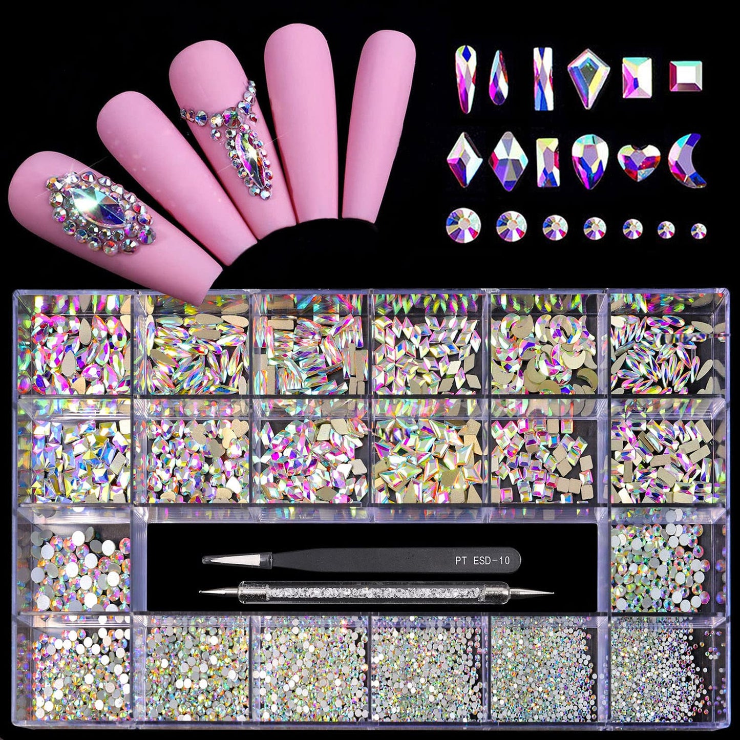 Yzzseven 12 Types of 600 Crystal AB Diamonds + 2500 Flat Rhinestones Mix 20 Styles Flatback DIY Crafts Rhinestone Crystals 3D Ornaments Flat Back Beauty & Personal Care Yzzseven