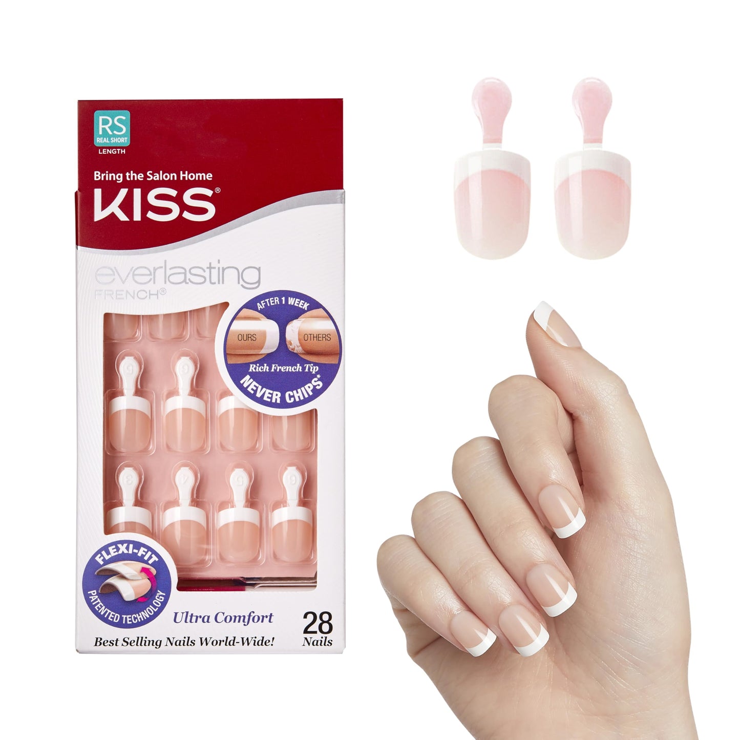 Kiss Everlasting French Nail Manicure, Chip-Free with Flexi-Fit Technology, Real Short, "Endless", Nail Kit with Pink Nail Glue (Net Wt. 2 g Beauty & Personal Care KISS