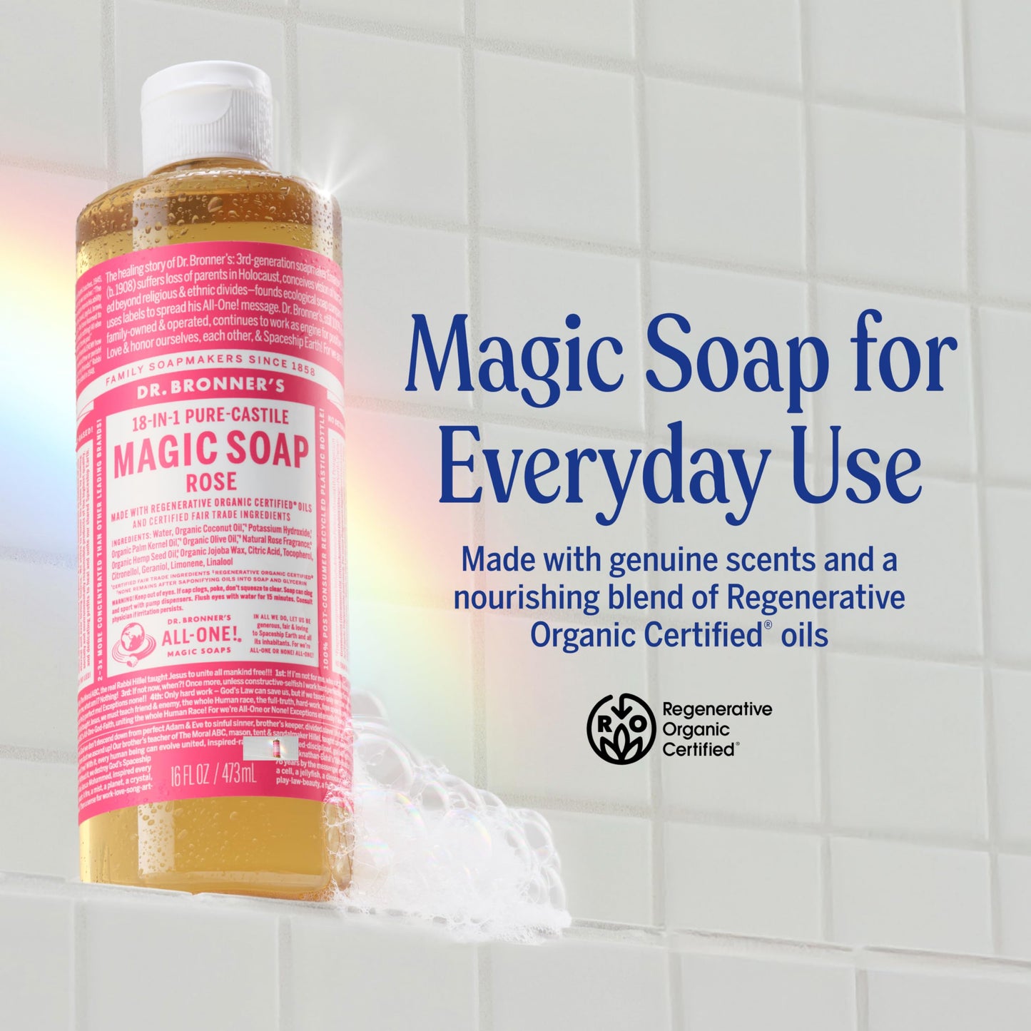 Dr. Bronner's Pure-Castile Magic Liquid Soap (Rose, 32 Ounce, 2-Pack)- Made with Regenerative Organic Certified Oils, 18-in1 Uses: Face, Hair, Hand Beauty & Personal Care Dr. Bronner's