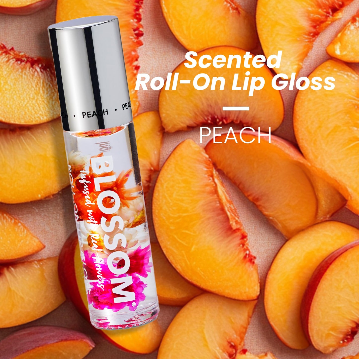 Blossom Roll on Lip Gloss, Scented Clear High Shine Moisturizing Lip Oil, Non Sticky, Infused with Real Flowers, Made in USA, 0.2oz, Juicy Peach Beauty & Personal Care Blossom