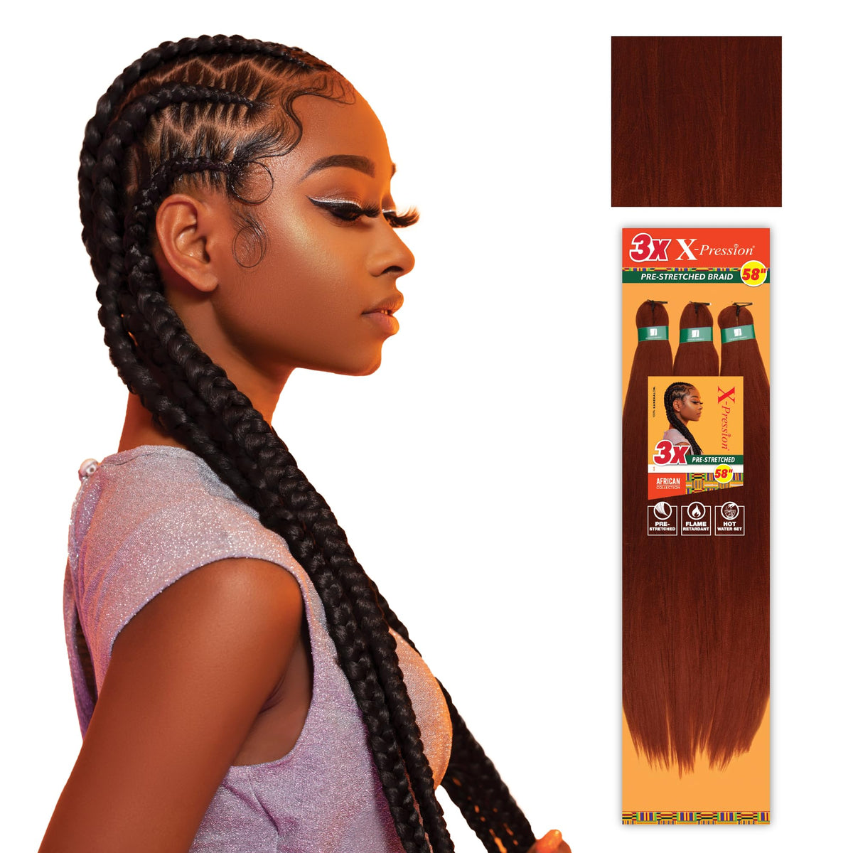 Sensationnel X-Pression Prestretched Braids-3X 58in,5pk 350 COPPERRED