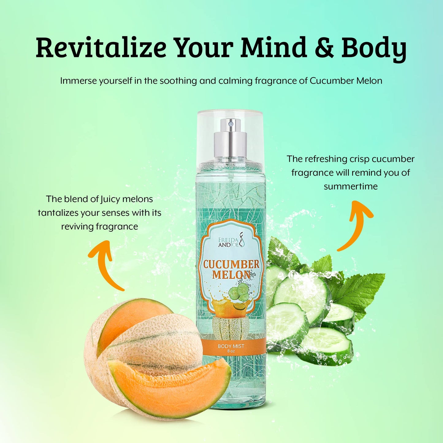 Cucumber Melon Fine Fragrance Body, Womens Perfume Fragrance Body Mist & Sprays, Women's Refreshing Scented Gifts & Presents 8 oz Fine Mist Spray Beauty & Personal Care Freida and Joe