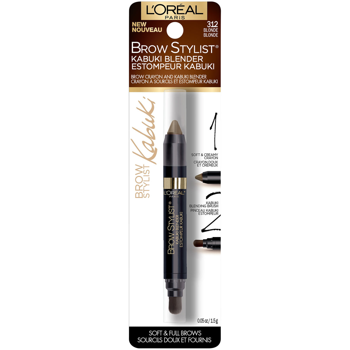 L'Oréal Paris Brow Stylist Kabuki Blender Brow Crayon, Blonde, 0.05 oz.