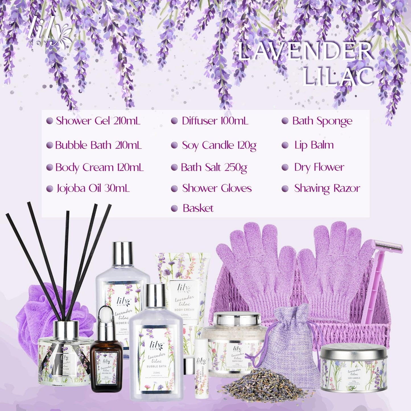 Mothers Day Gifts for Women - 15-Piece Lavender Bath and Body Gift Basket Set for Women, Spa Gift Basket, Bath Set | Birthday, Valentines Day Gifts Beauty & Personal Care LILY ROY