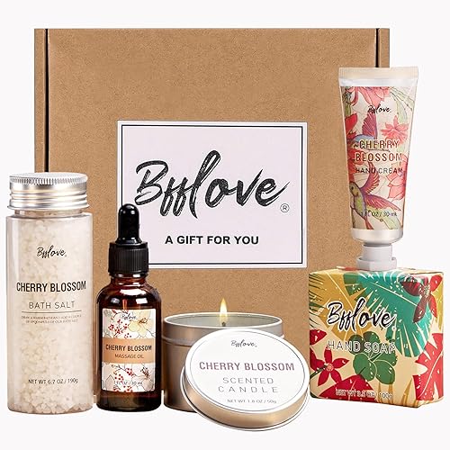 BFFLOVE Gift Set for Women - 5pcs Cherry Blossom Spa Gifts for Women, Birthday, Anniversary, Mother's Day Gifts for Her with Massage Oil, Scented Beauty & Personal Care # BFFLOVE