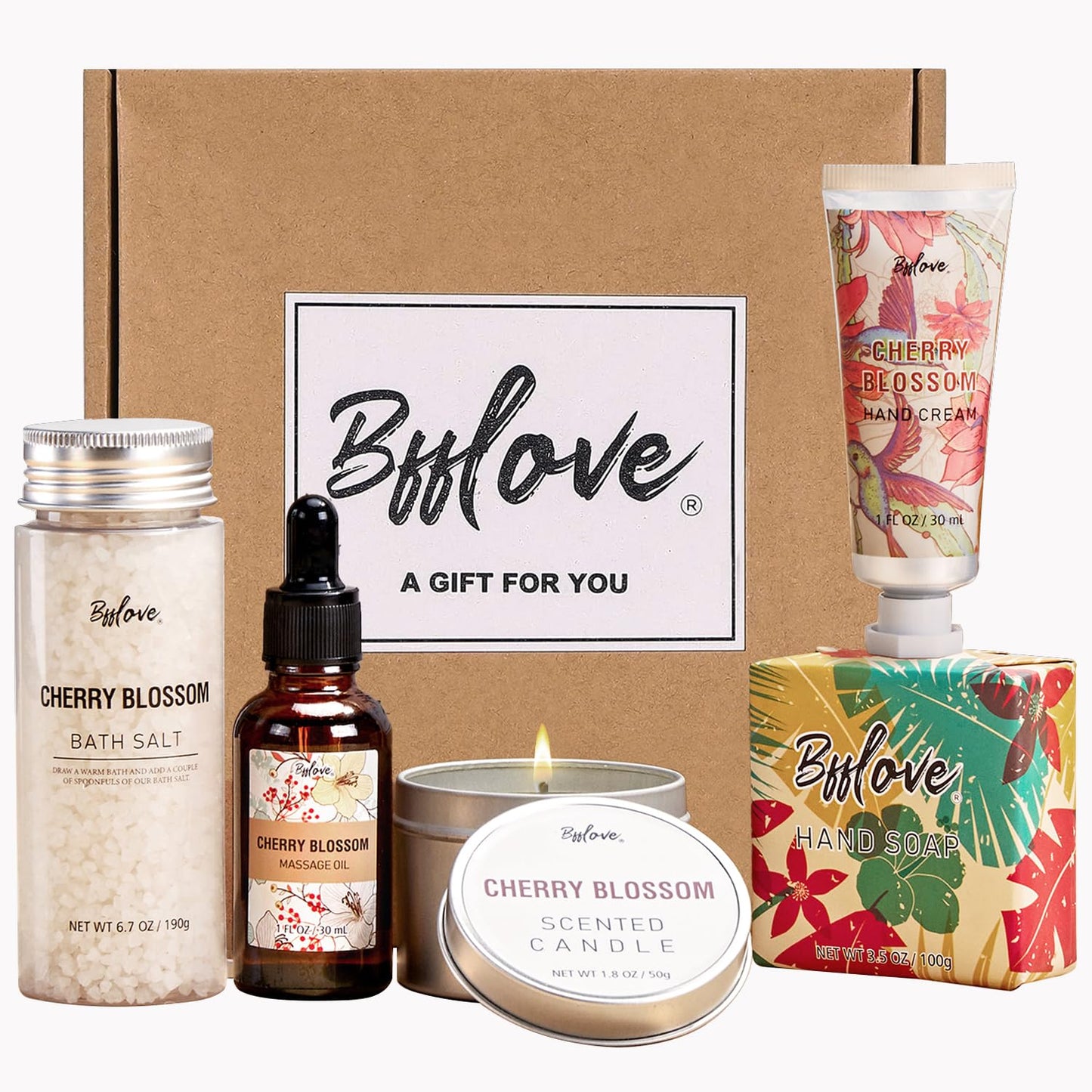 BFFLOVE Gift Set for Women - 5pcs Cherry Blossom Spa Gifts for Women, Birthday, Anniversary, Mother's Day Gifts for Her with Massage Oil, Scented Beauty & Personal Care # BFFLOVE