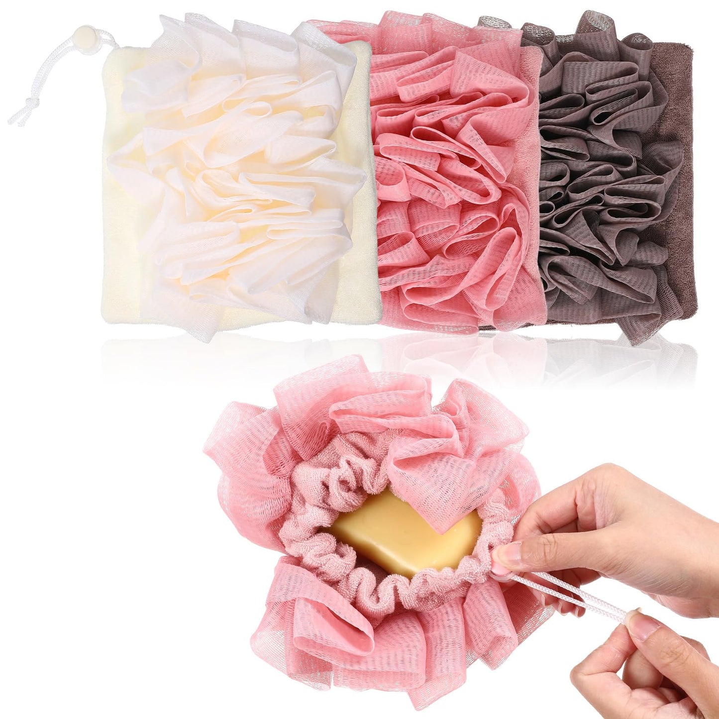 WJIAAA Loofah Washcloth Combo, 3 Pack 2-in-1 Exfoliating Shower Pouf Soap Pocket Drawstring Exfoliation Mesh Ball Hold Bar Soap Loofah Washcloth Body Beauty and Personal Care WJIAAA