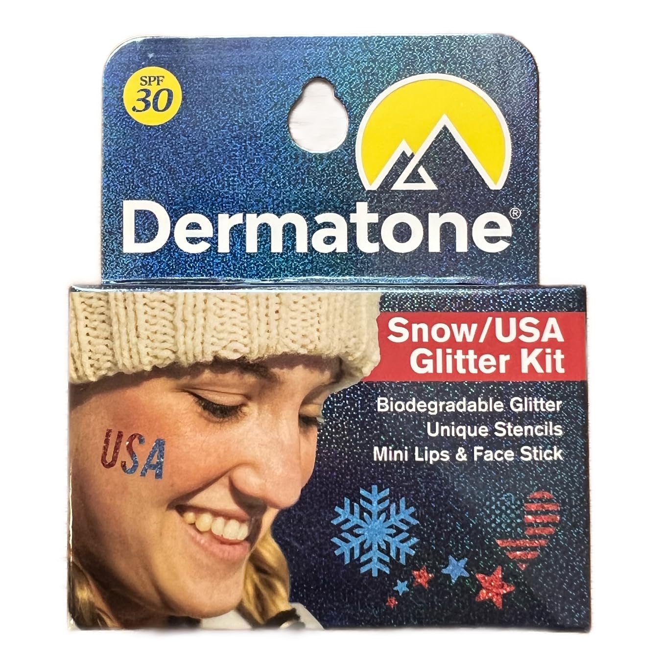 Lips & Face Glitter Kit - Snow/USA Stocking Stuffer - Biodegradbale Glitter - Includes 2 Glitter Colors + Stencil + Skin Balm to Apply - Perfect Beauty & Personal Care DERMATONE