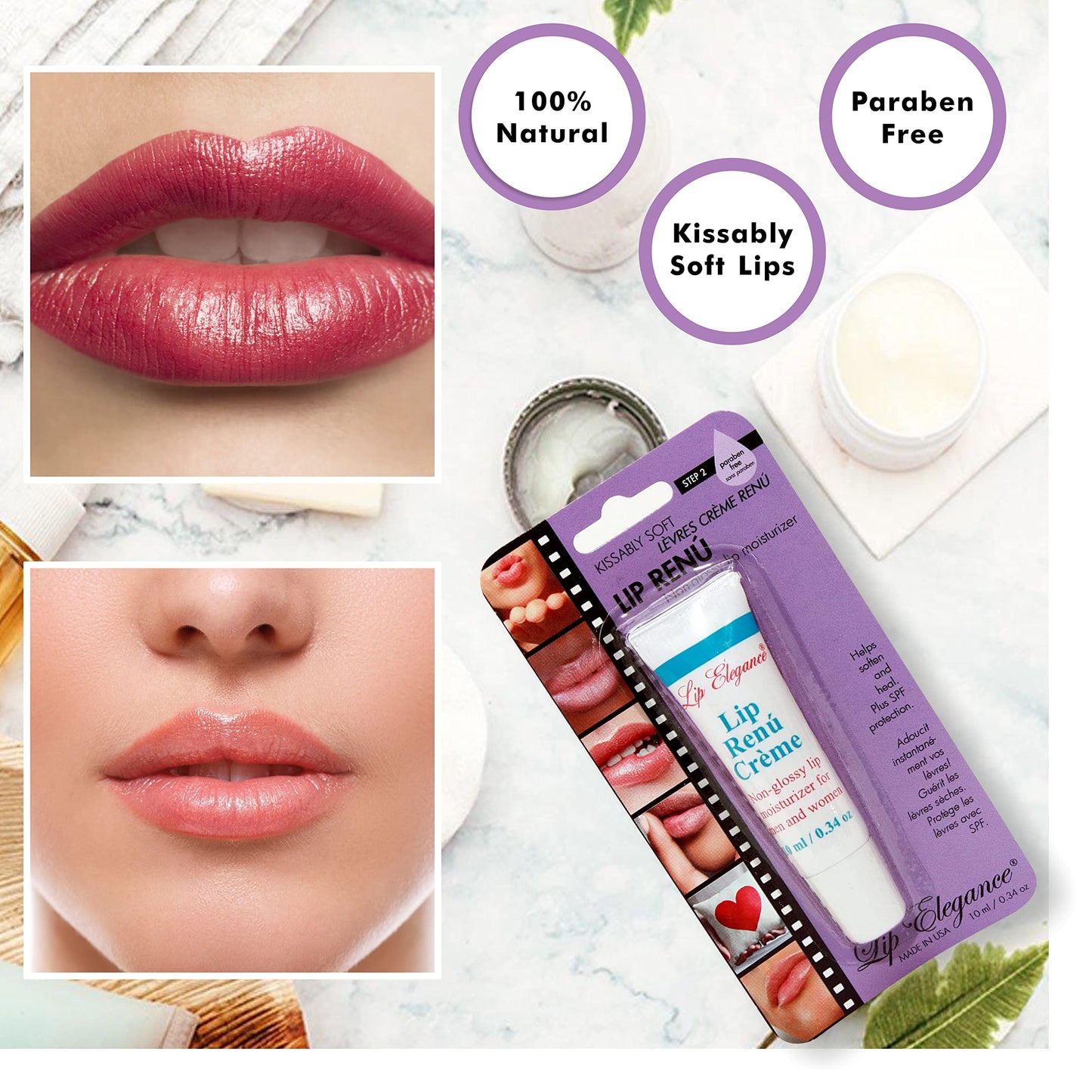 Lip Elegance Lip Renu Cream - Deep Nourishment Lip Moisturizer - Non-Glossy Lip Cream for Men and Women - SPF-6 Support for Lip Care - All-Natural Beauty and Personal Care Lip Elegance