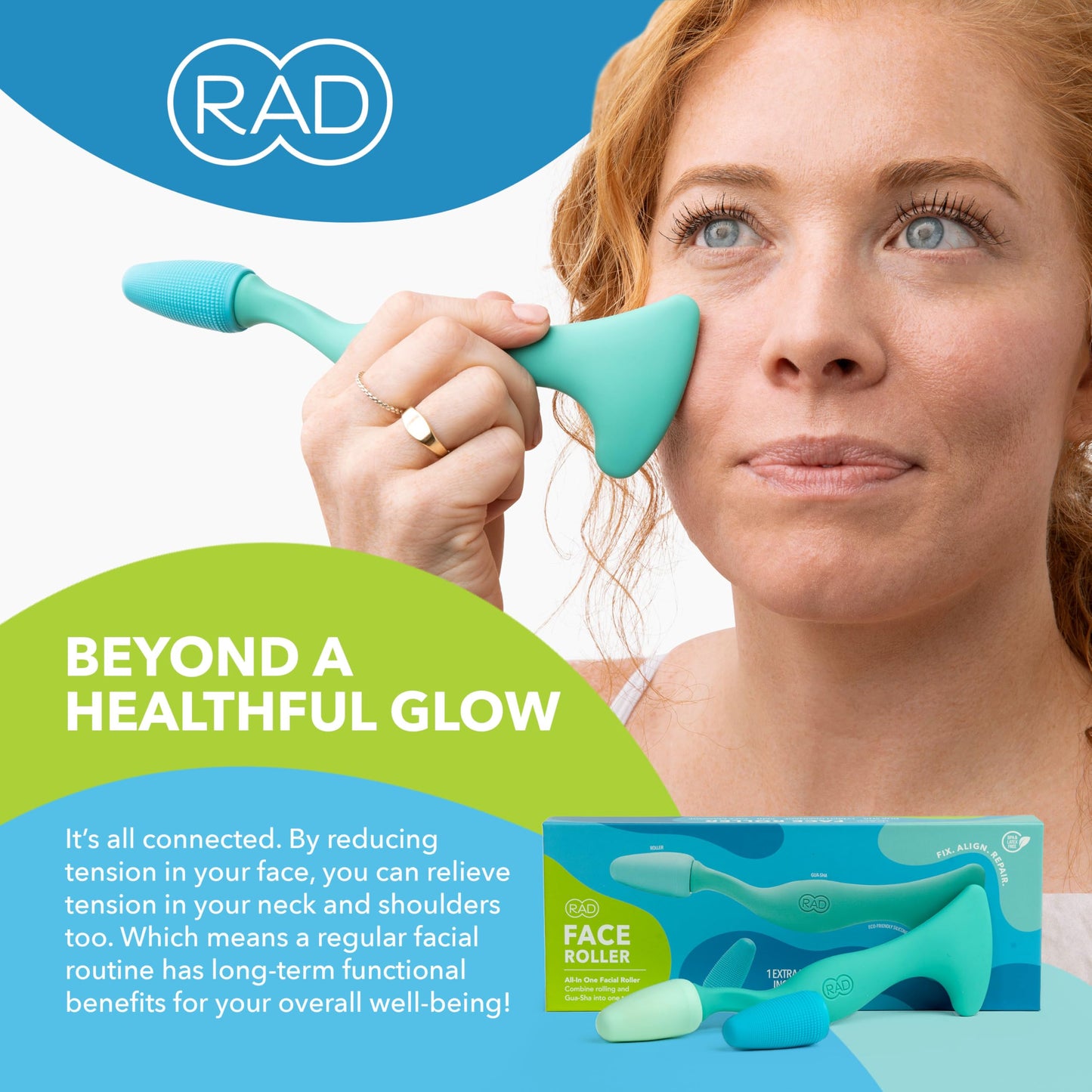 RAD Facial Roller - 2-in-1 Jade Roller & Gua Sha Tool, Silicone Handle, Skin Care, Rolling & Scraping Massage Therapy Beauty & Personal Care RAD
