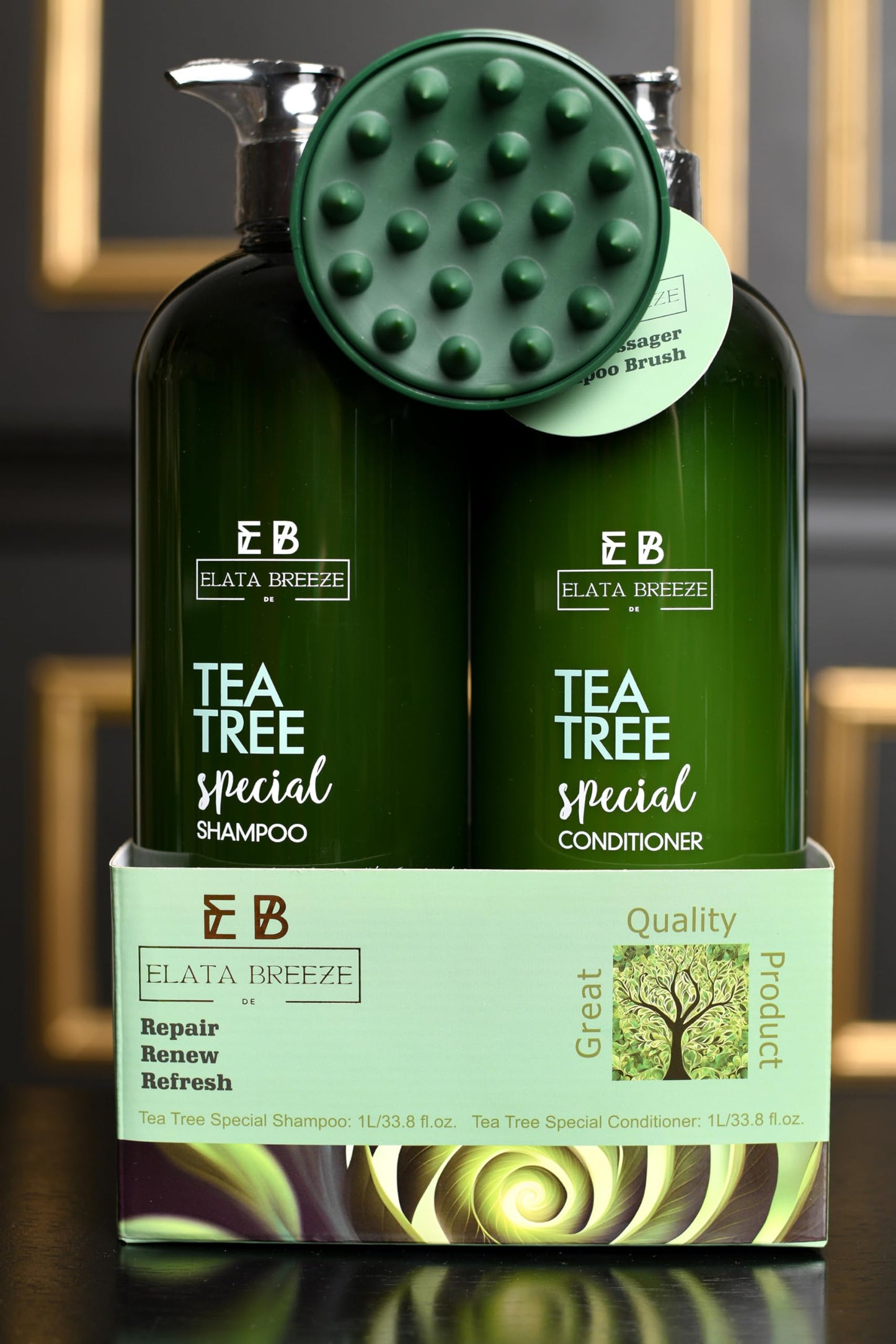 Peppermint Tea Tree Special Shampoo and Conditioner Set (33.8 0z)- Elata de Breeze with Scalp Massager Brush | Soothes Itchy Scalp, Deep Cleans Beauty & Personal Care Elata De Breeze