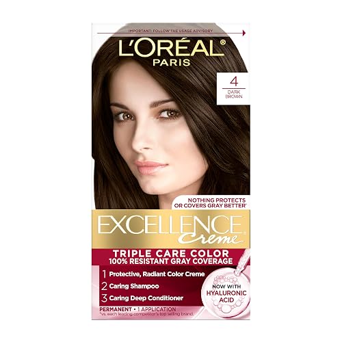 L'Oreal Paris Excellence Crème Permanent Hair Dye, Triple Care Hair Color with Hyaluronic Acid for 100% Gray Coverage, 4 Dark Brown, 1 Kit (Packaging Beauty & Personal Care L'Oreal Paris