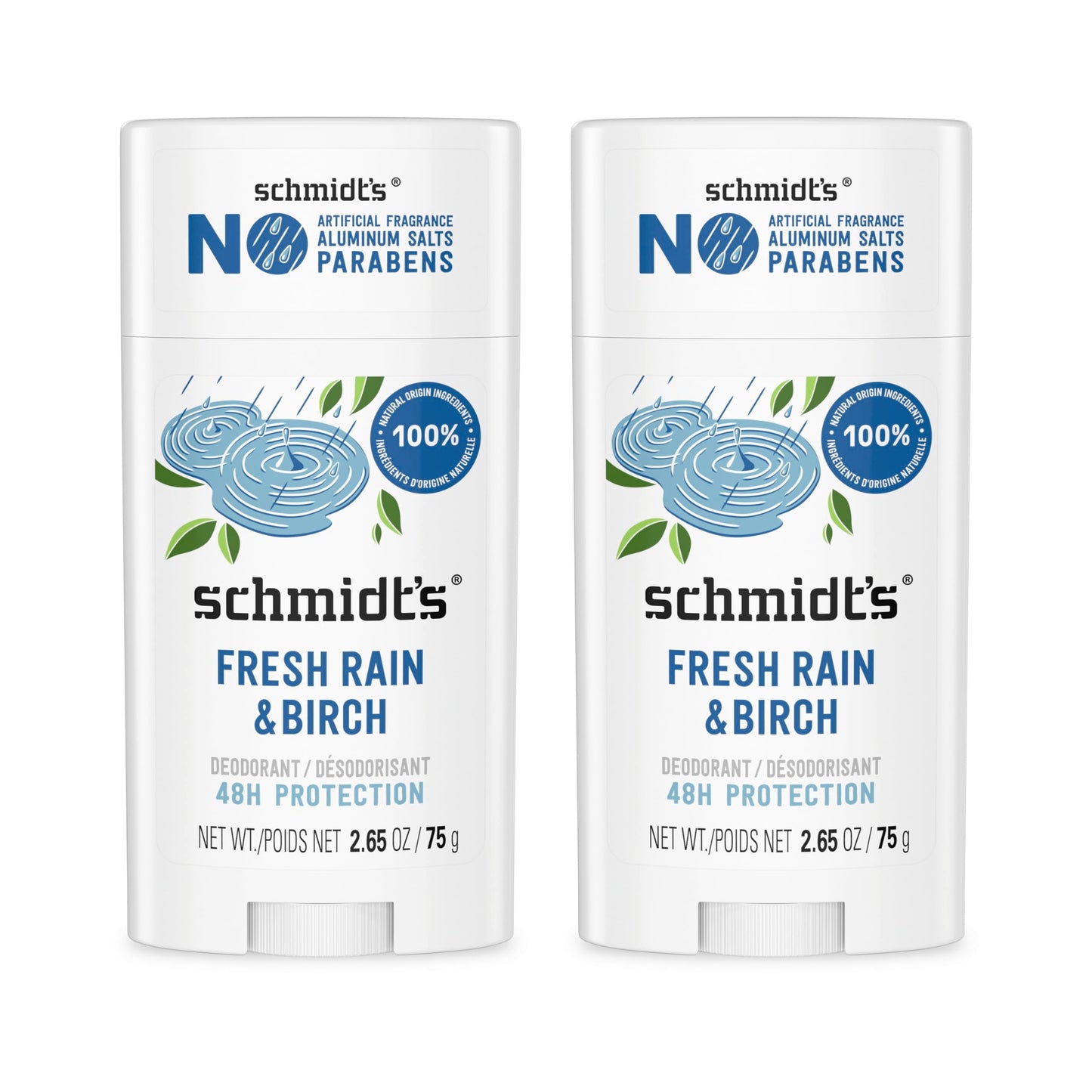 Schmidt's Aluminum-Free Vegan Deodorant Fresh Rain & Birch with 24 Hour Odor Protection, 2 Count for Women and Men, Natural Ingredients, Cruelty-Free Beauty and Personal Care Schmidt's