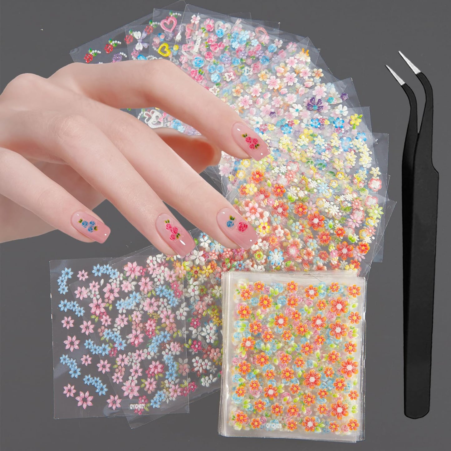 WOKOTO 50Pcs Self-Adhesive 3D Flower Nail Stickers Flower Nail Decals for Women Girls Kids Nail Art Floral Sticker Sheets with Tweezers Beauty & Personal Care WOKOTO